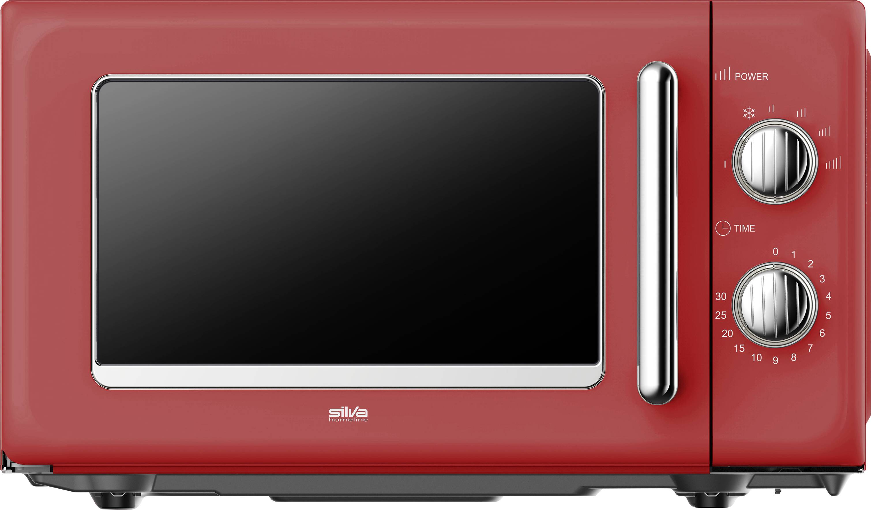 A red microwave oven with two dials on the side for power and time settings, against a plain background.