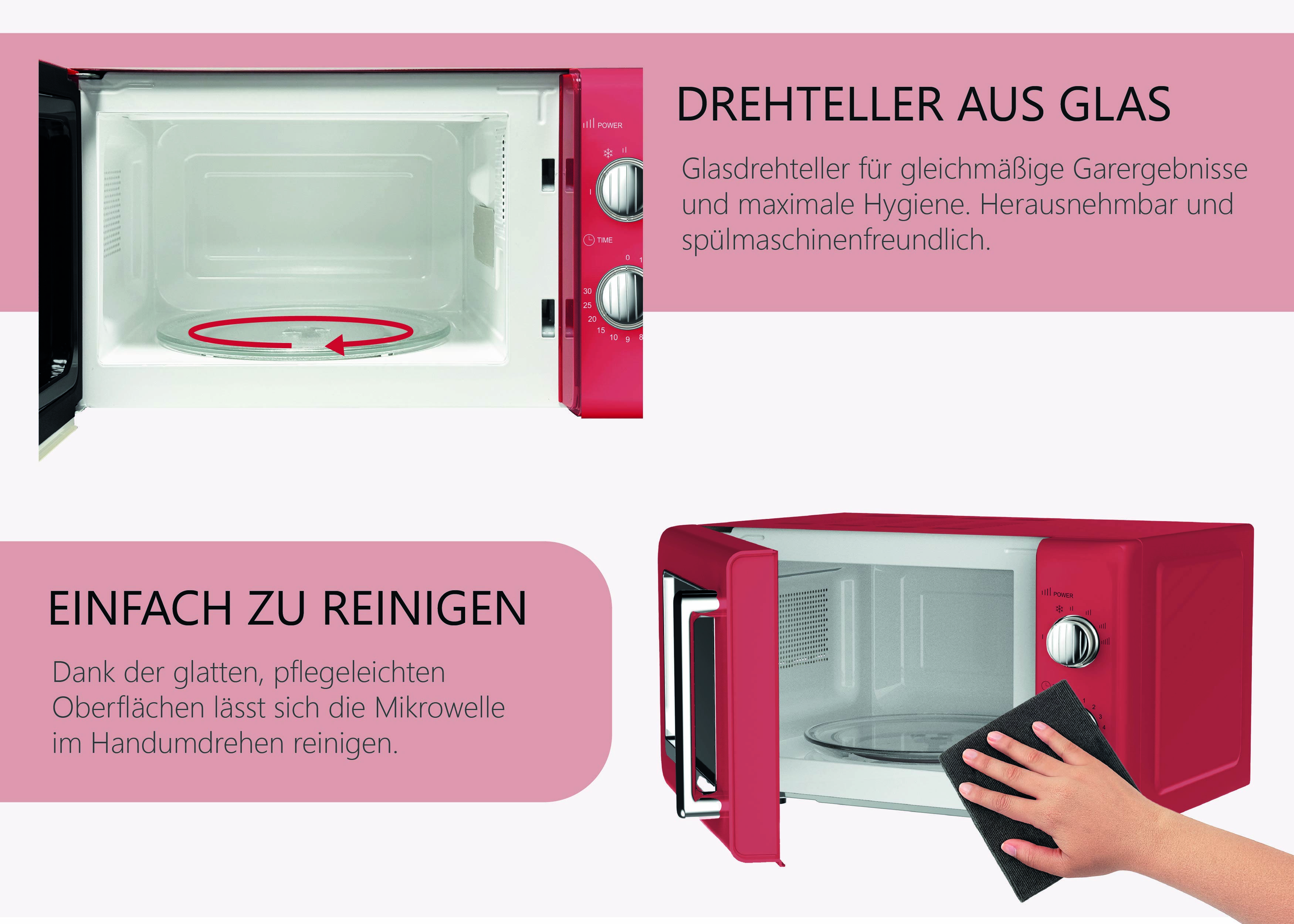 A red microwave with an open door and glass turntable; note indicates easy cleaning due to smooth surfaces and dishwasher-safe components.