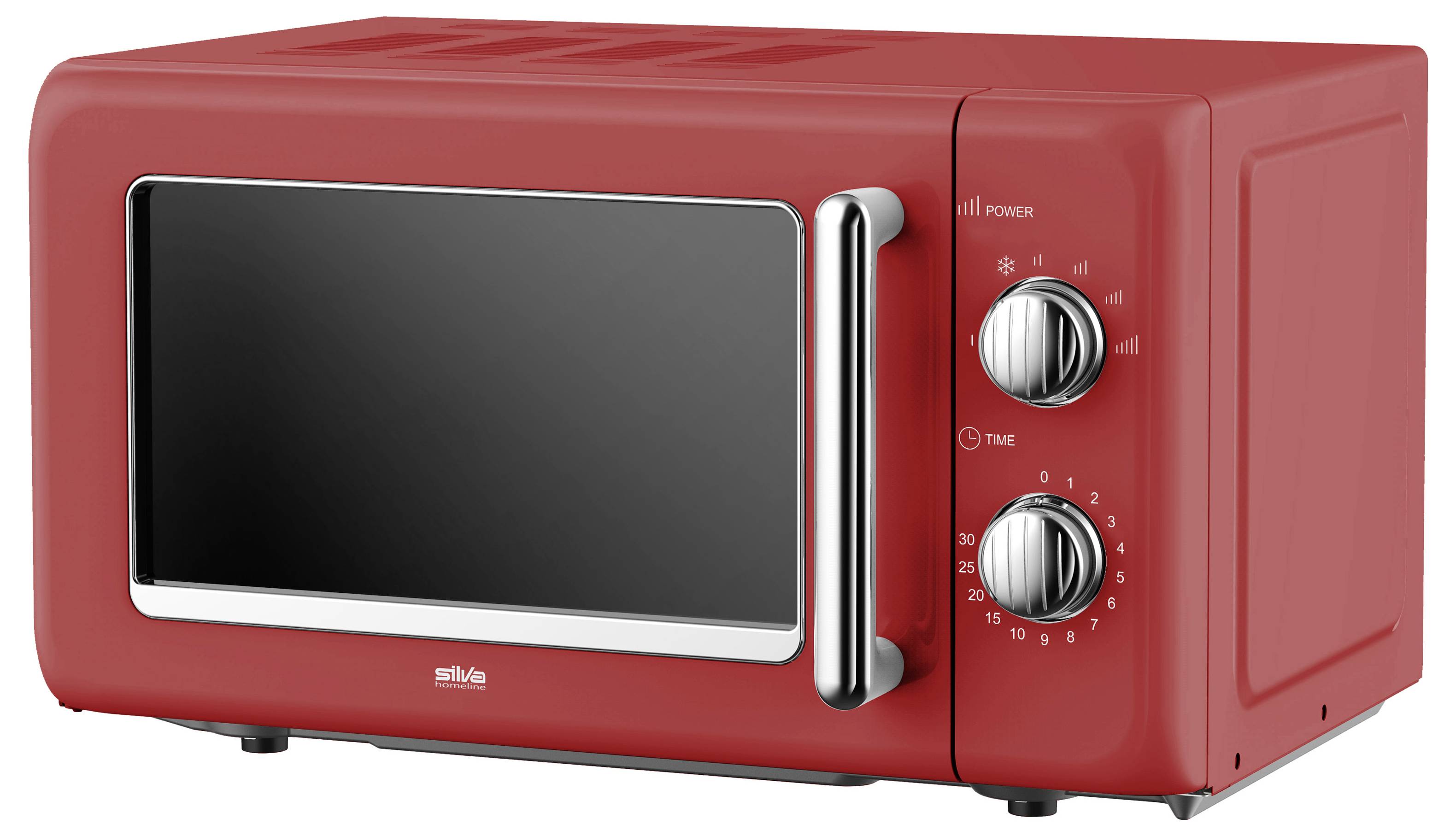 A red countertop microwave with stainless steel handle, two control dials for power and time settings, and a black windowed door.