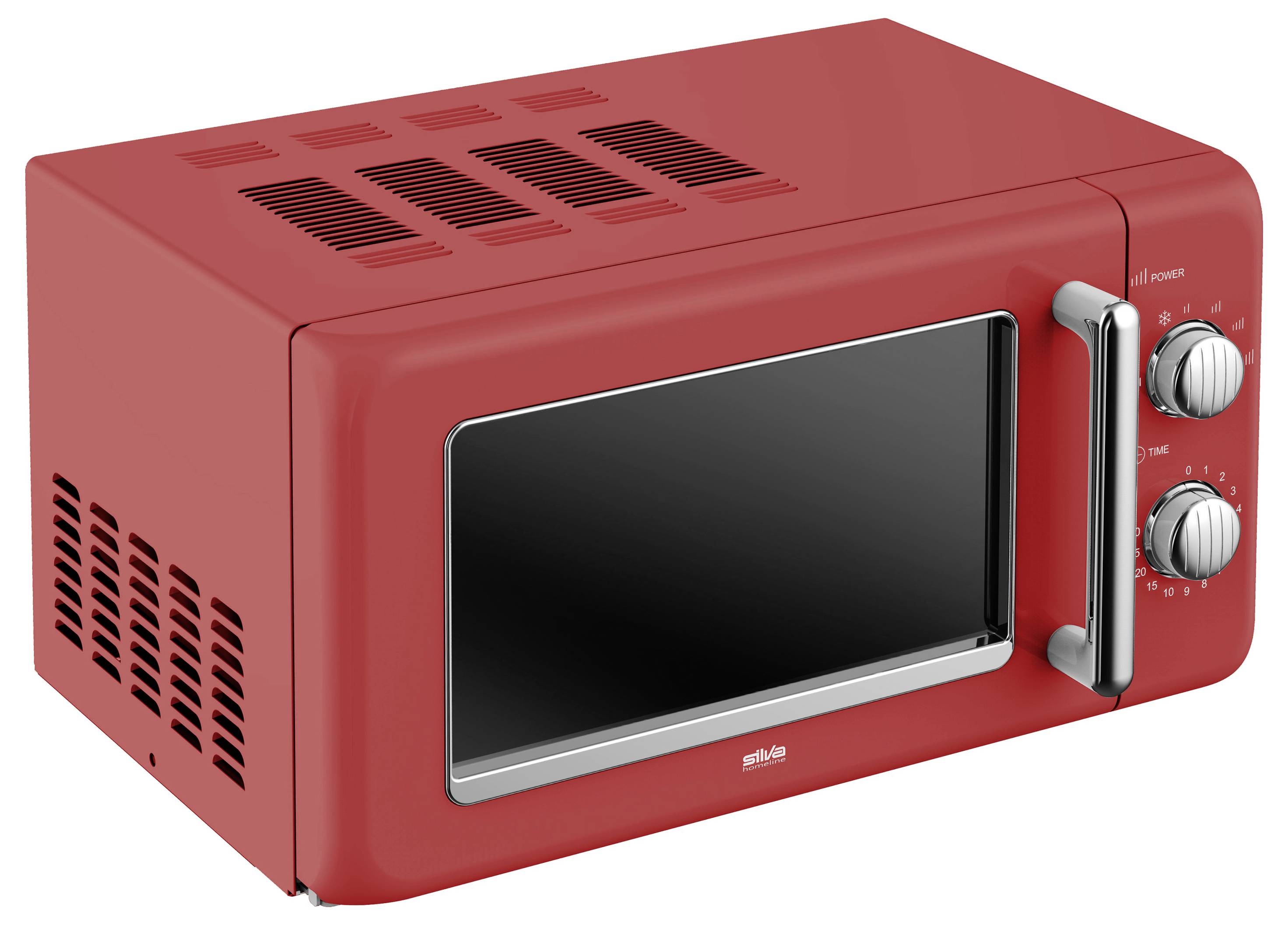 A red microwave with a digital screen and two dials for power and time settings on the right side.
