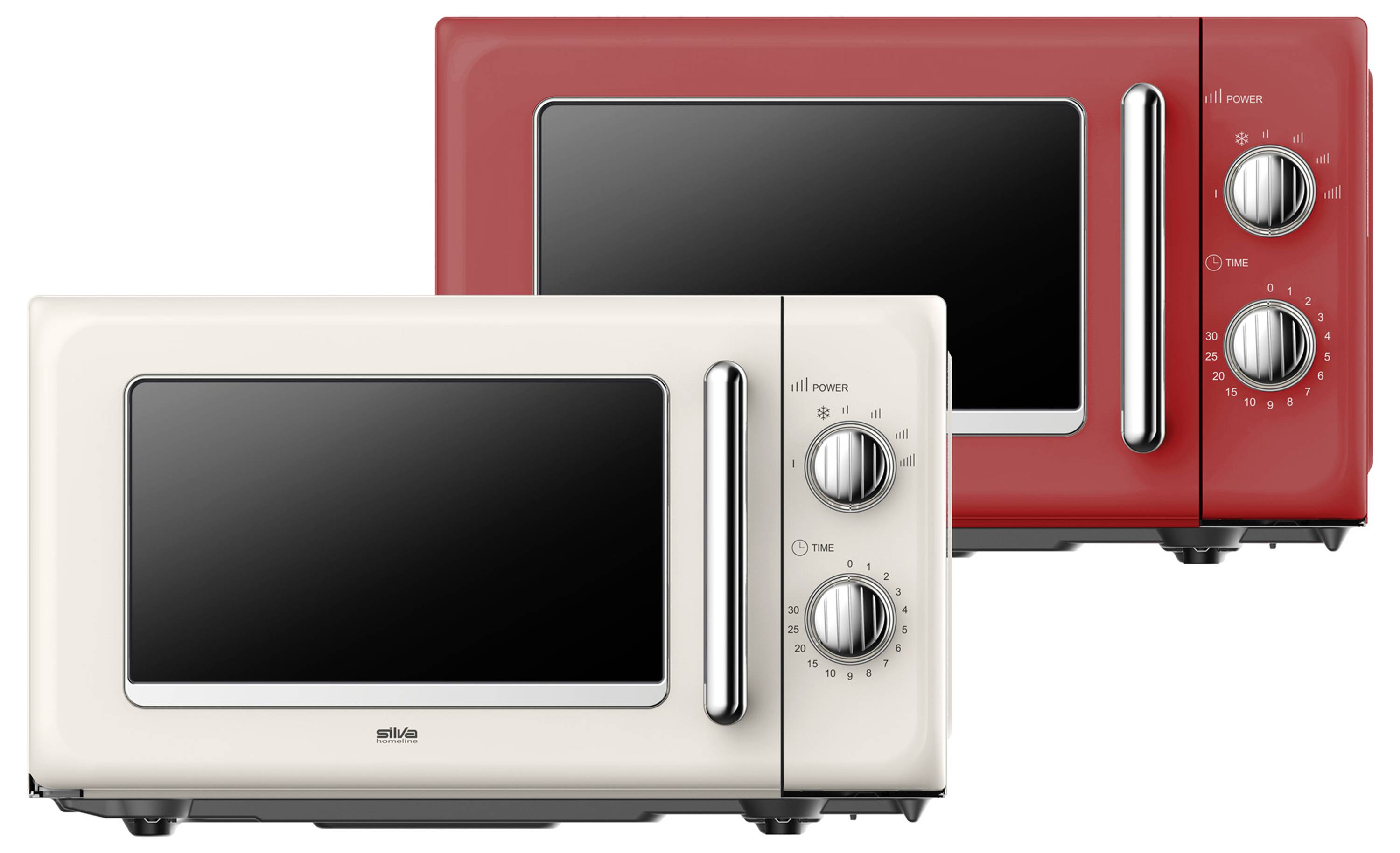 Two retro-style microwaves, one cream-colored and one red, with chrome handles and dials, stacked in a staggered arrangement.