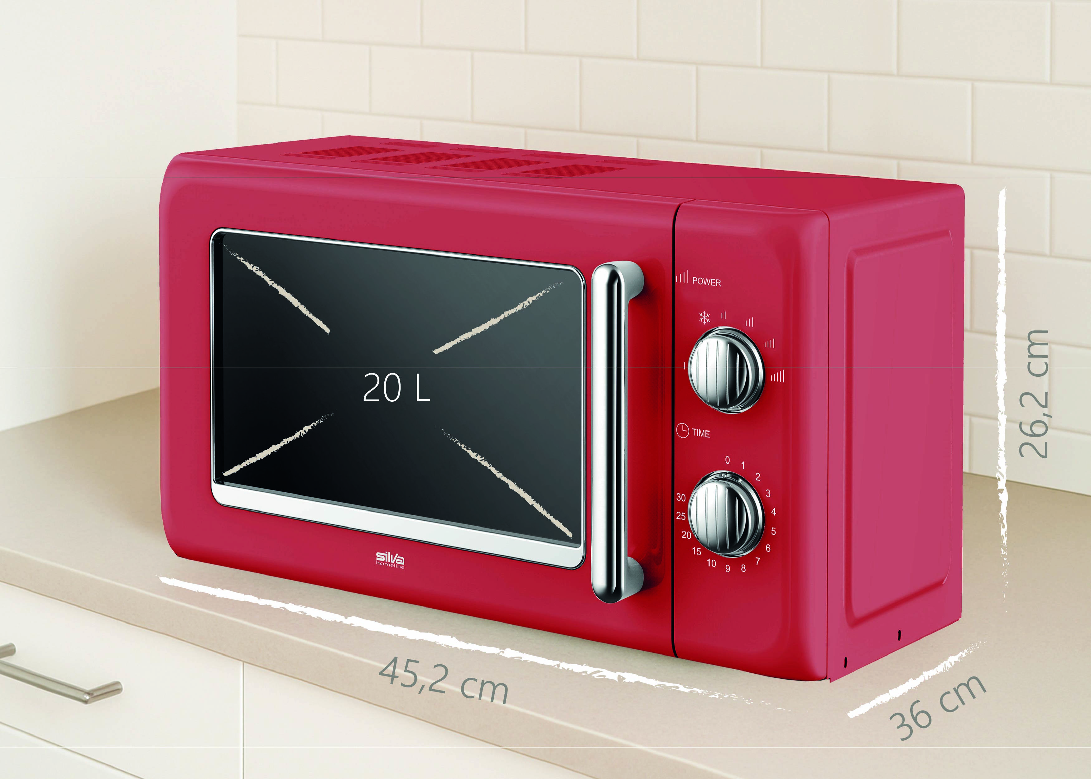 A red microwave oven with dimensions labeled: 45.2 cm wide, 26.2 cm high, and 36 cm deep, featuring two dials and a 20-liter capacity.