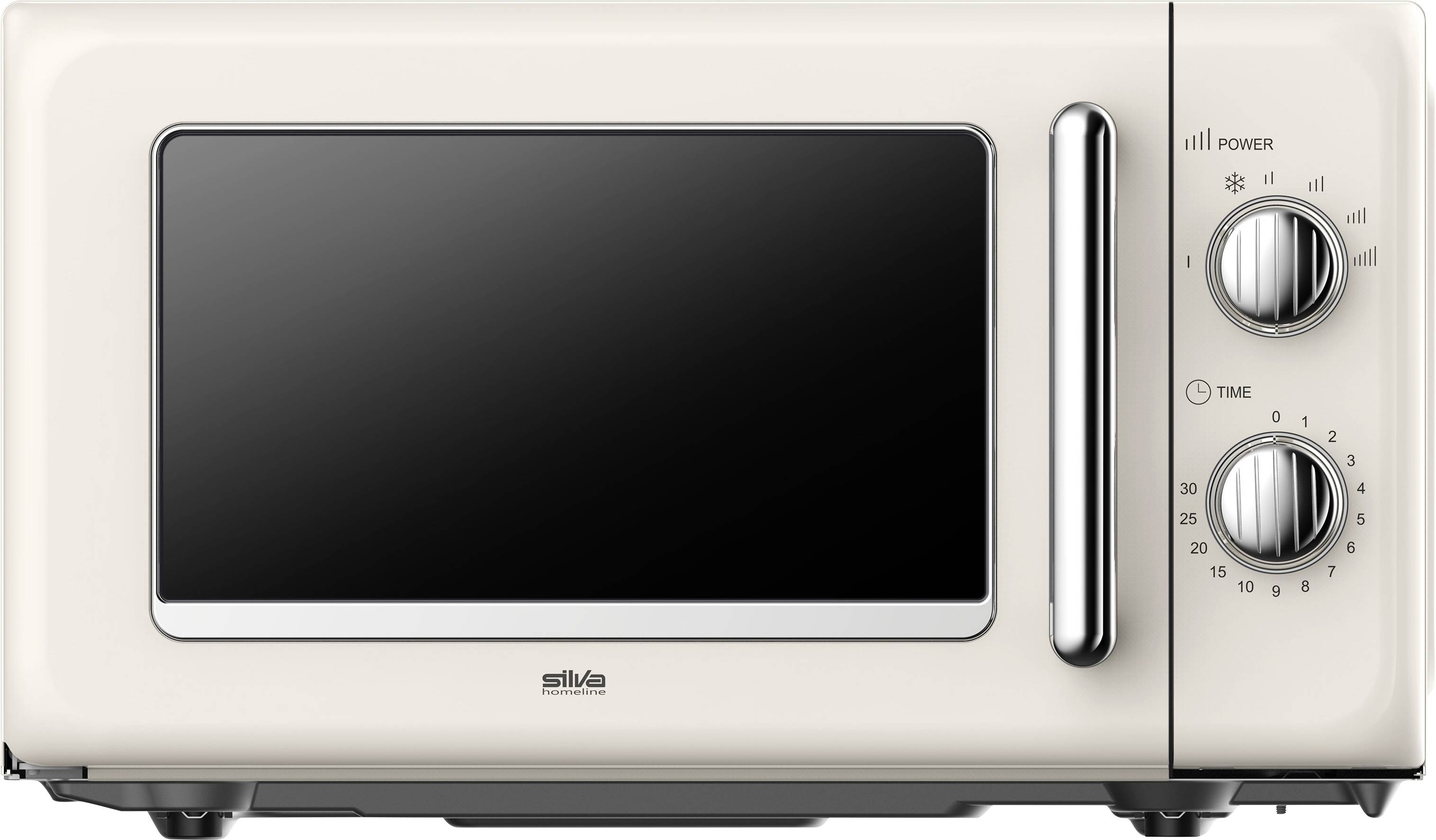 A modern, cream-colored microwave with two chrome dials for power and time settings, suitable for a stylish kitchen environment.