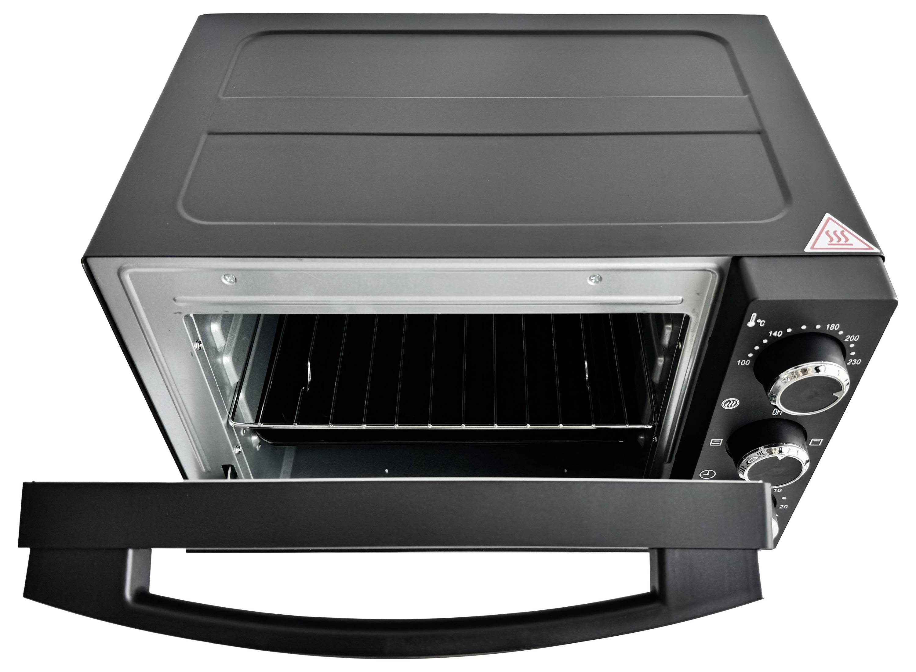 A black countertop oven with the door open, revealing an empty rack inside. The oven has control dials on the right side.