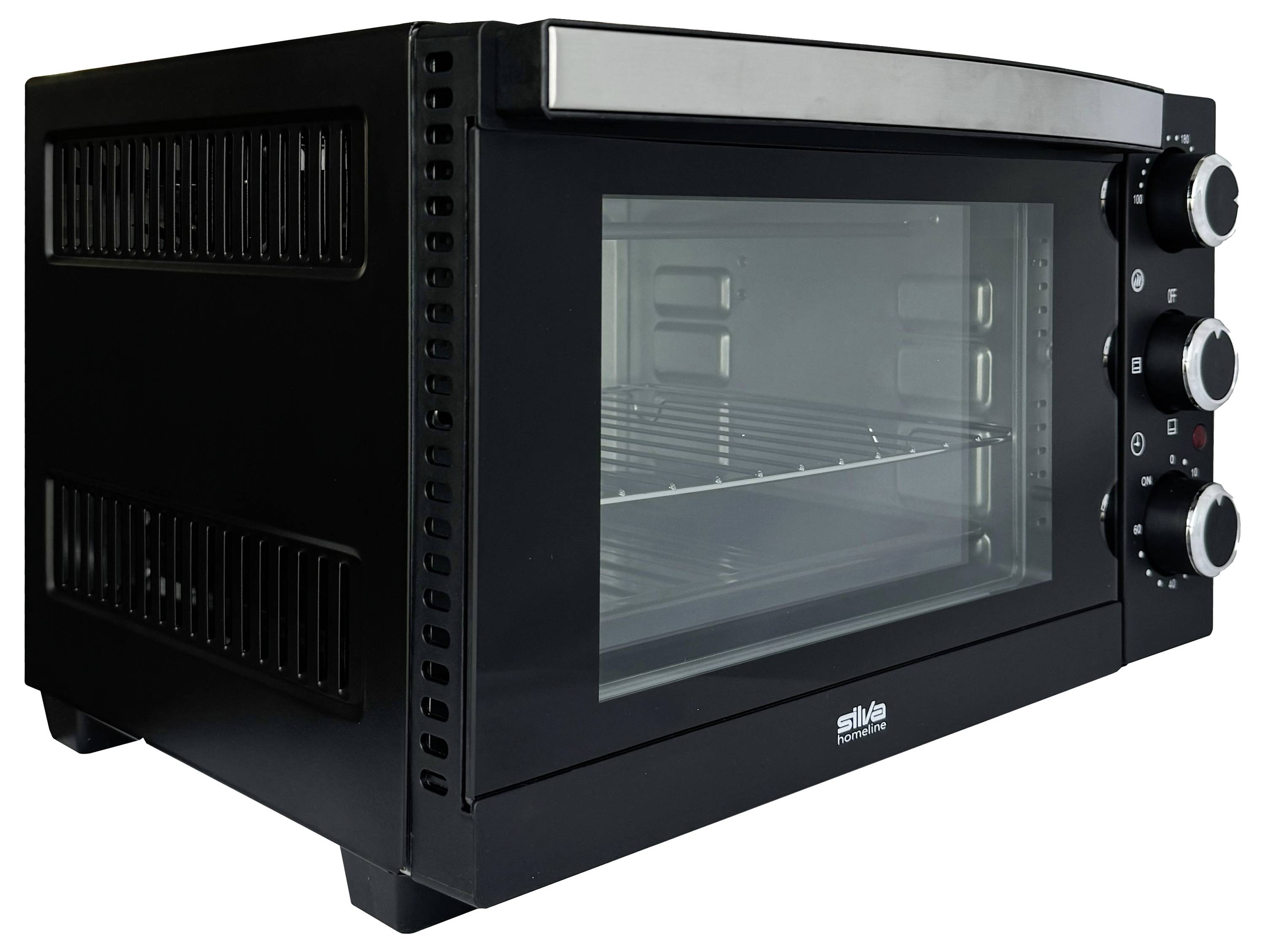 A black countertop oven with a glass door, silver handle, and three adjustment knobs on the side. The interior has wire racks.