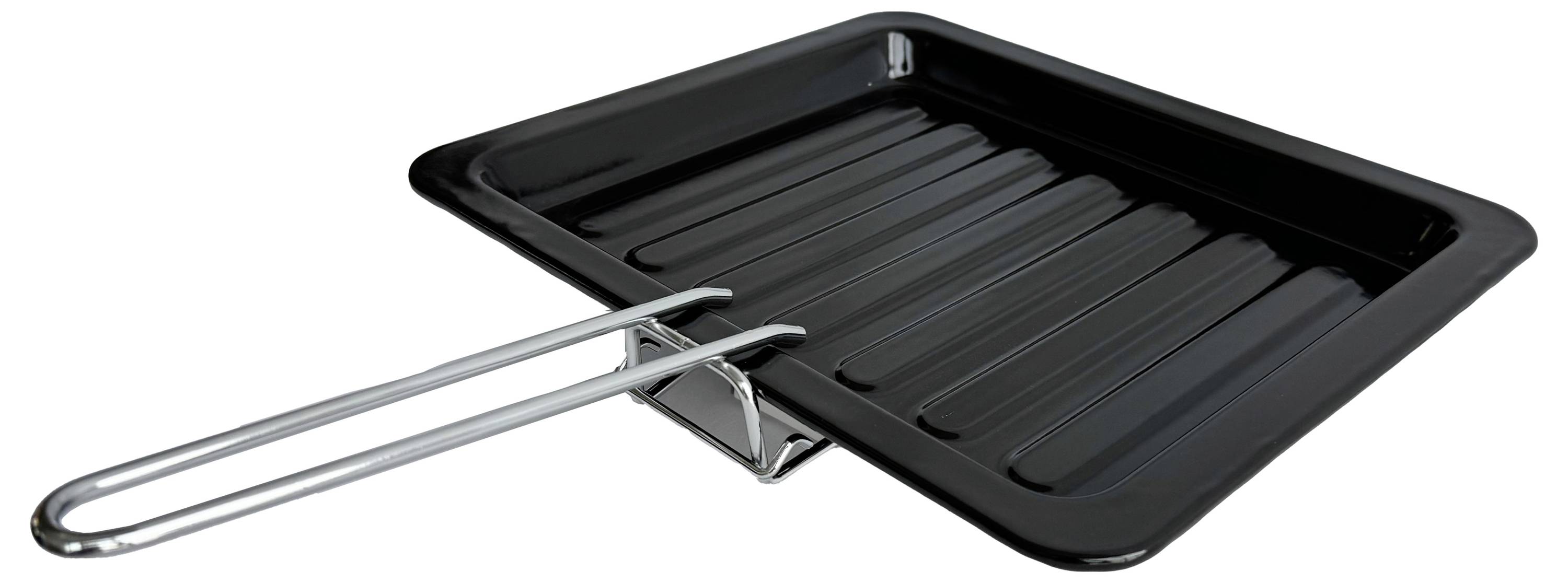 A black non-stick grill tray with a metal handle, designed for oven use, shown from a slight angle highlighting its ribbed cooking surface.