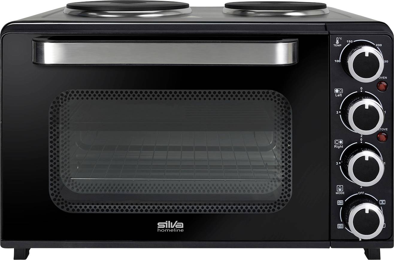 Compact black countertop oven with two hot plates on top, a silver handle, and four control dials on the side for temperature and settings.