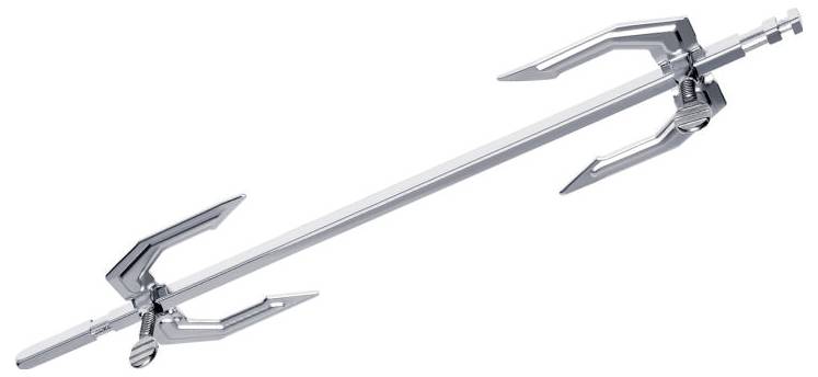 A silver trident with intricate metallic designs on a white background, featuring three sharp prongs on each end, reflecting light.