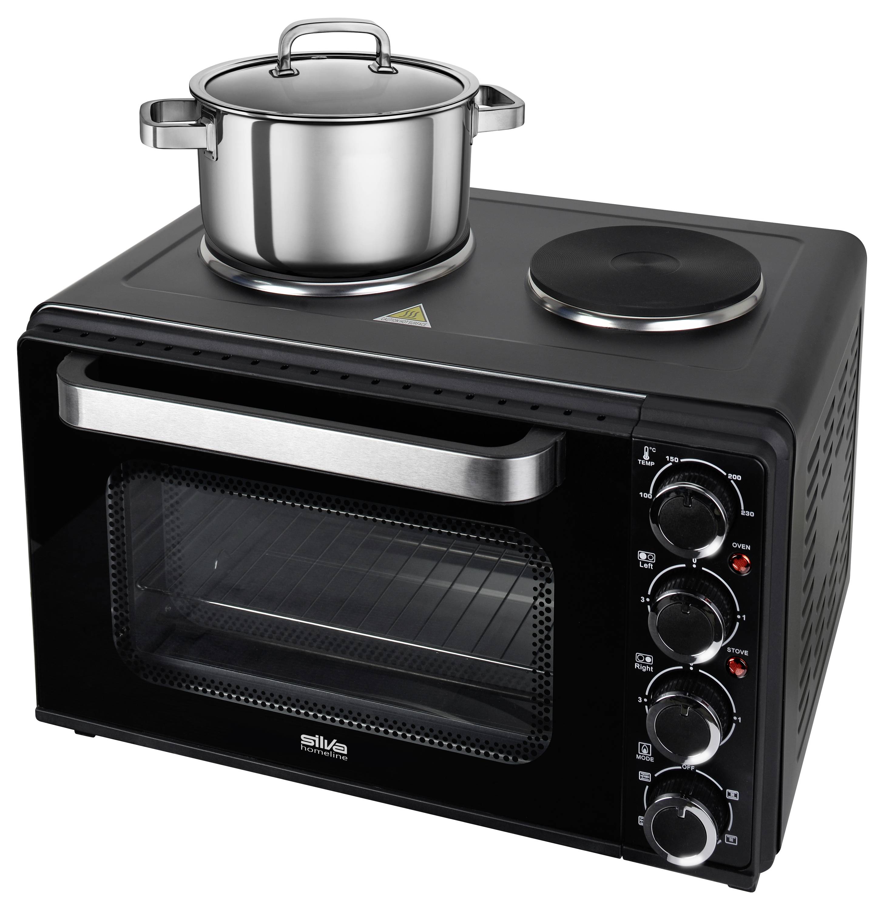 A black countertop oven with silver knobs and a glass door, featuring a pot placed on top, indicating multi-functional use.