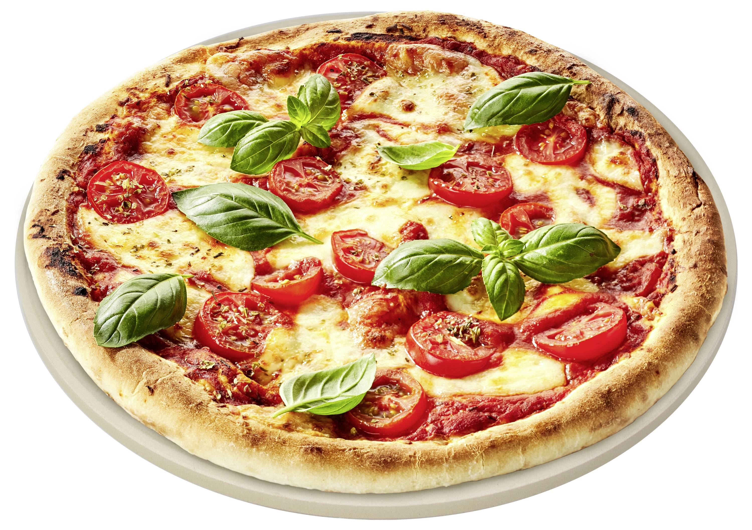 A Margherita pizza with melted cheese, tomato slices, and fresh basil leaves on a thin crust, viewed from above on a white plate.