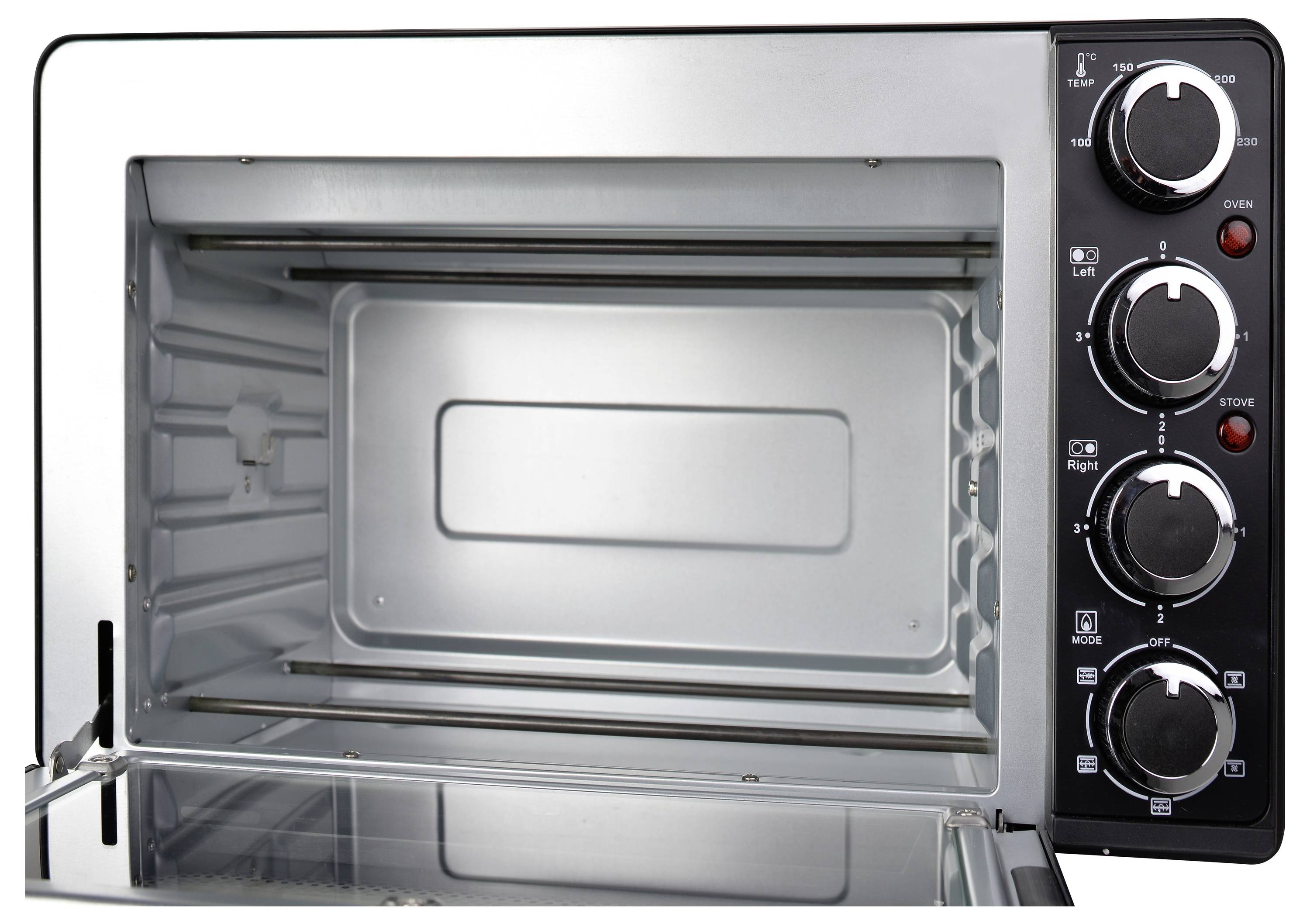 An open toaster oven with dials on the side for temperature, heating elements, and a timer. The interior is spacious and metallic.