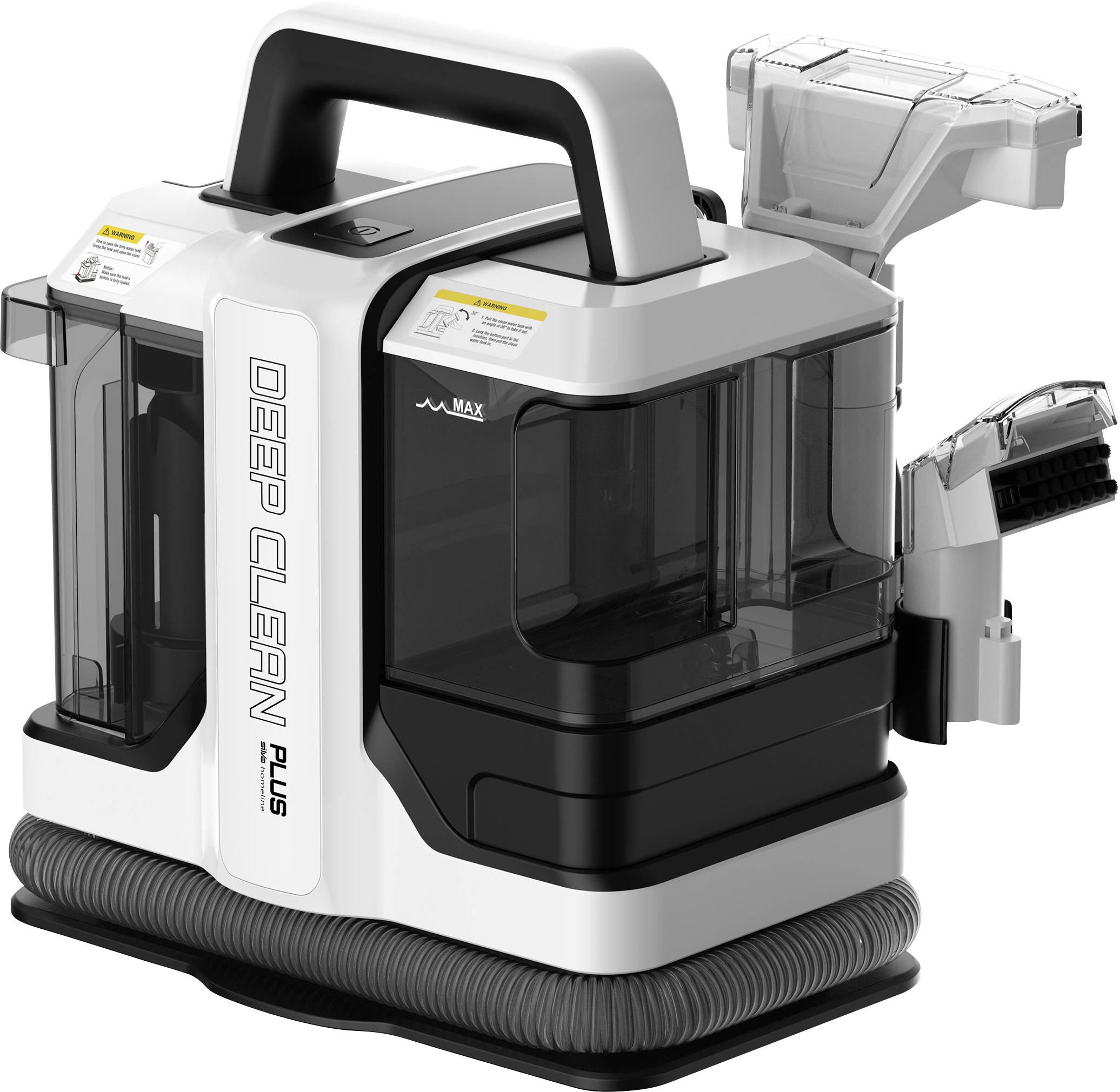 A portable carpet cleaner with a handle, labeled 'DEEP CLEAN PLUS', featuring dual water tanks and a hose attachment for spot cleaning.