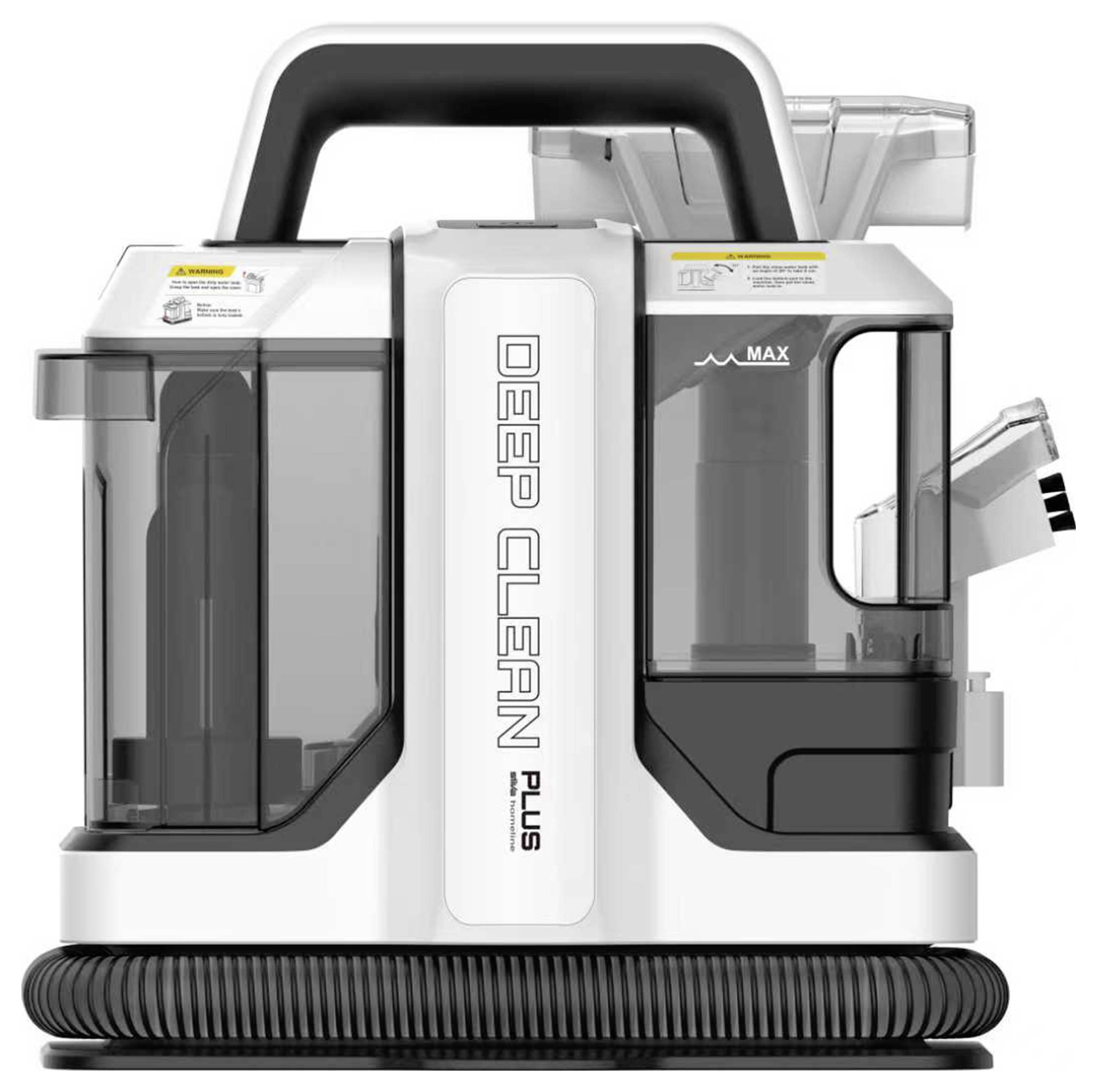 A portable carpet cleaner with a handle, labeled 'Deep Clean Plus'. Features include a transparent water tank and cleaner solution compartment.