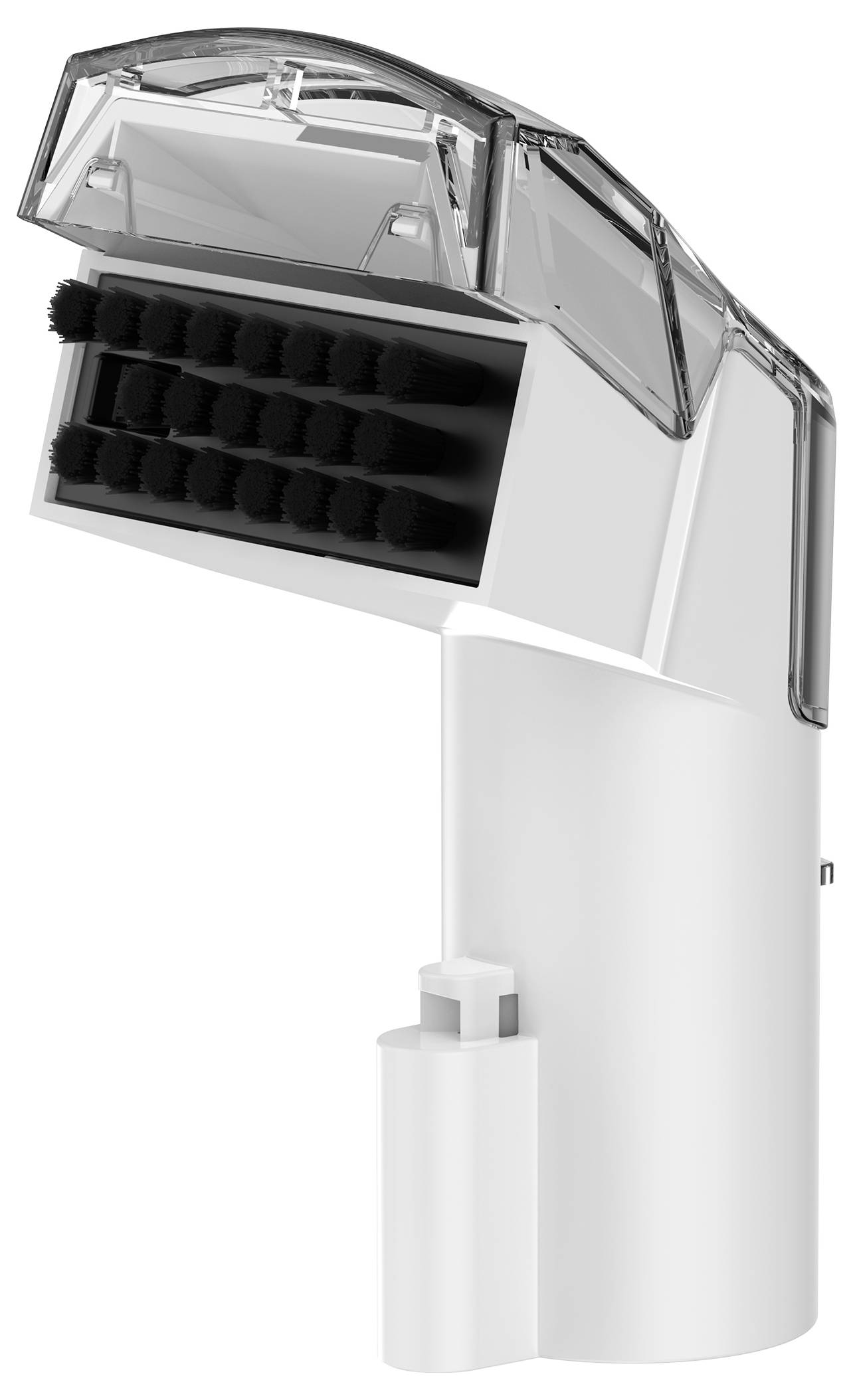 A white vacuum attachment with a brush head and clear casing, designed for cleaning delicate items or small spaces.