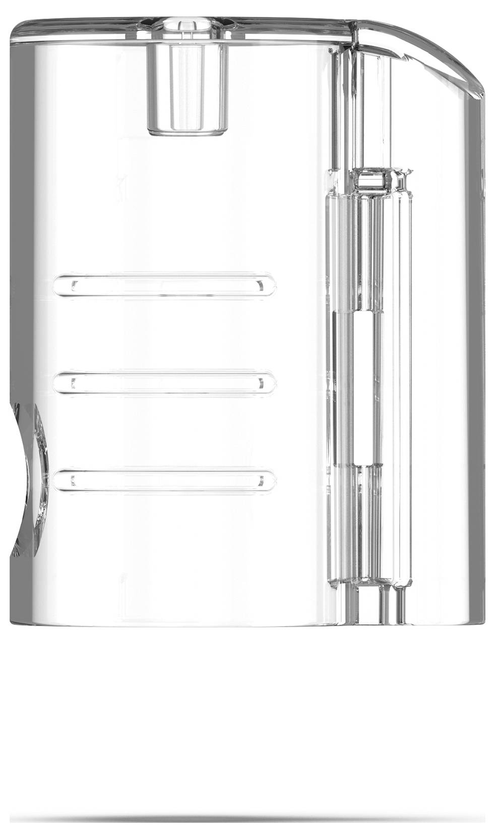 Clear plastic container with a spout and handle on the right side, featuring three horizontal raised lines and a vertical grip.