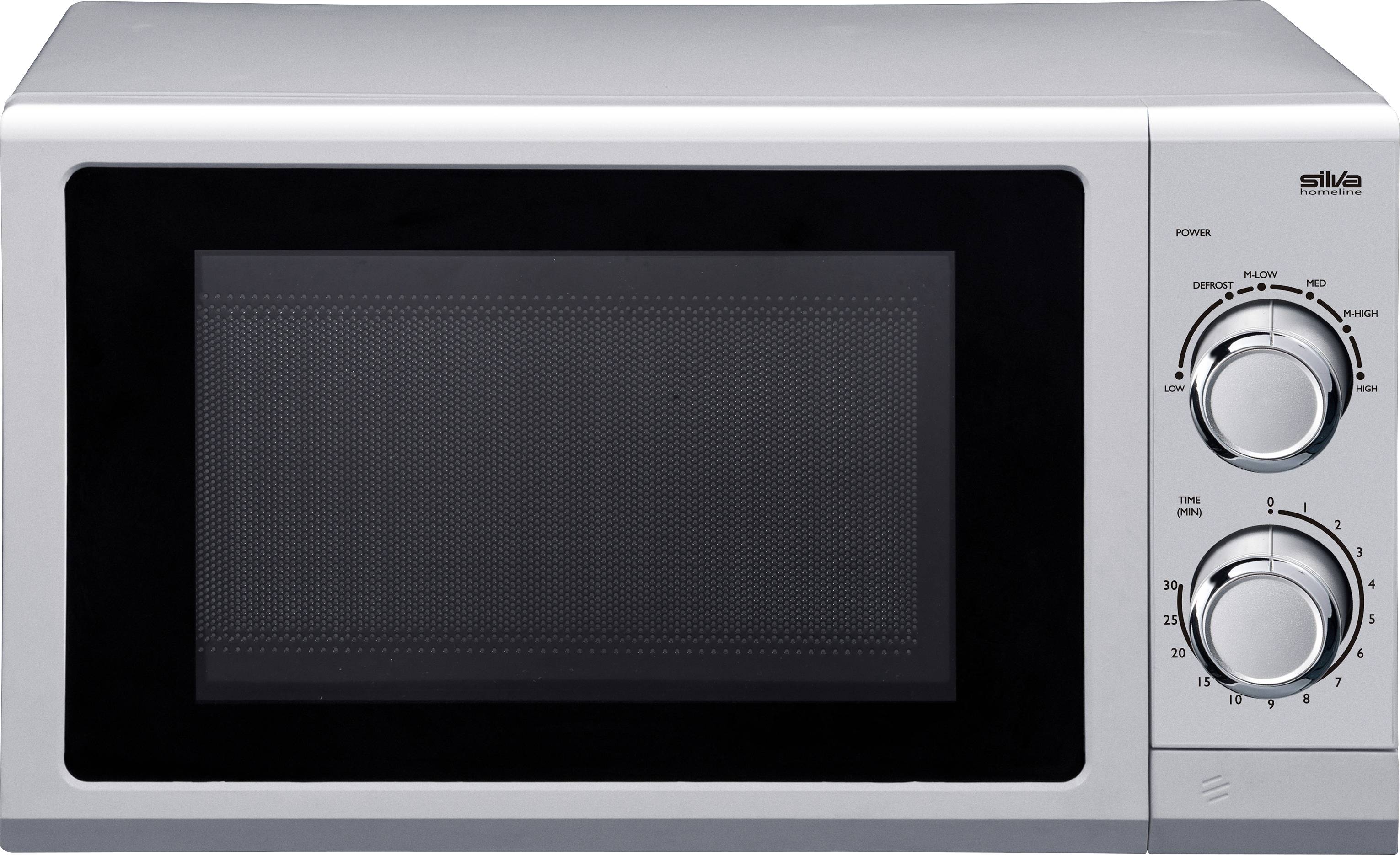 A silver microwave oven with a black door and two control knobs on the right side for power settings and a timer.