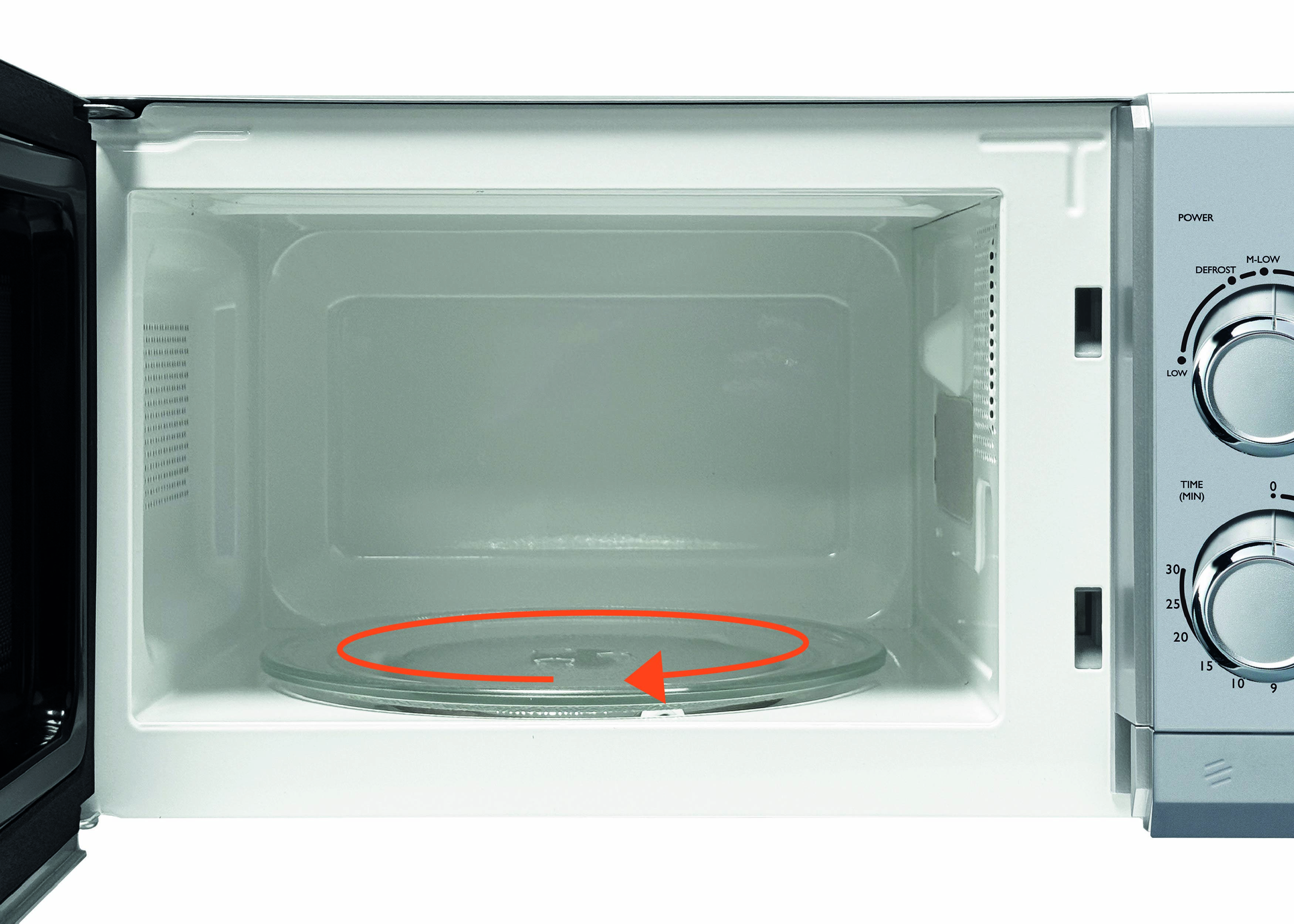 Open microwave with an empty interior, glass turntable, and control dials on the right side showing time and power settings.