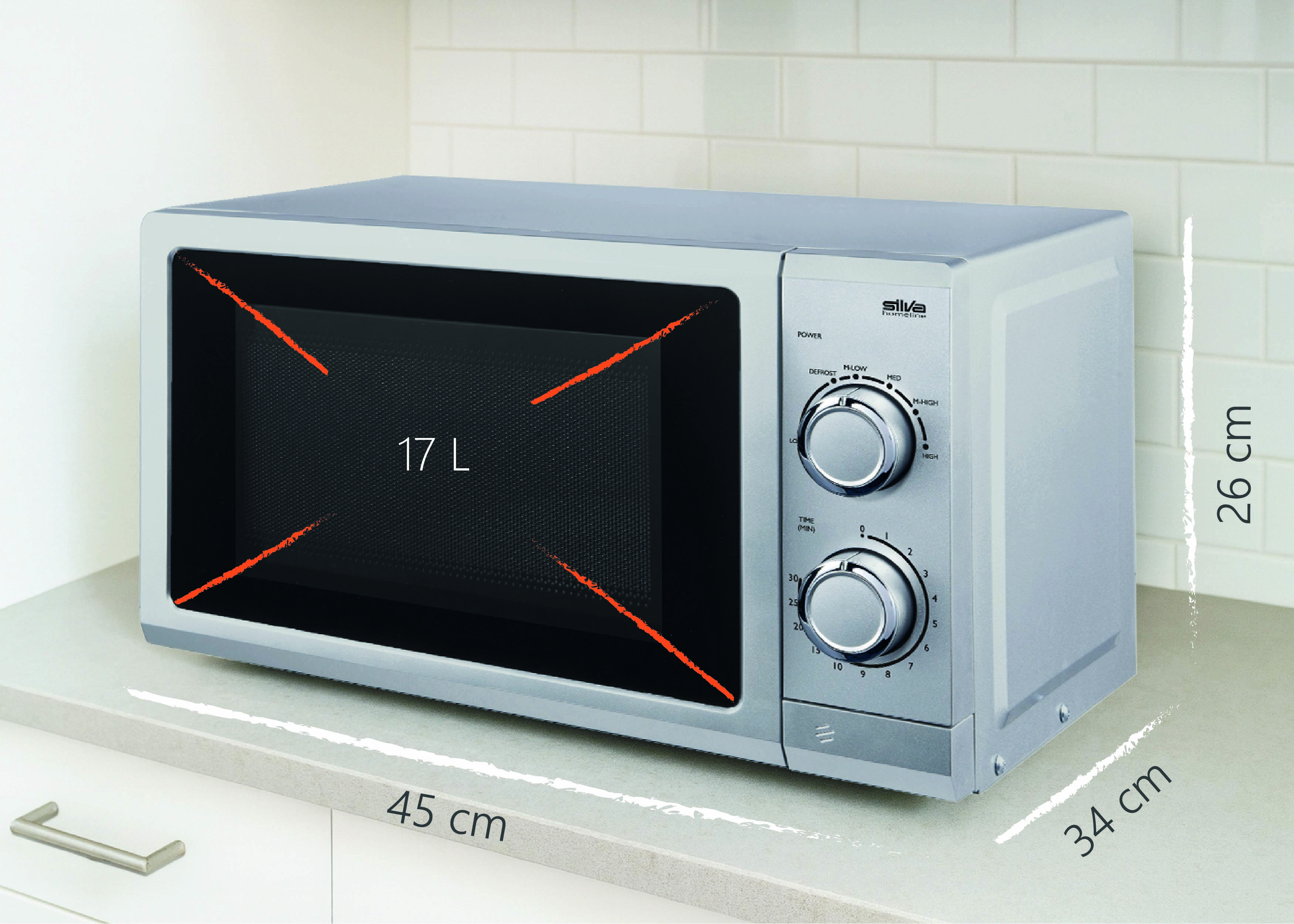 A compact microwave with a 17-liter capacity, dimensions of 45 cm wide, 34 cm deep, and 26 cm high, sits on a kitchen counter.