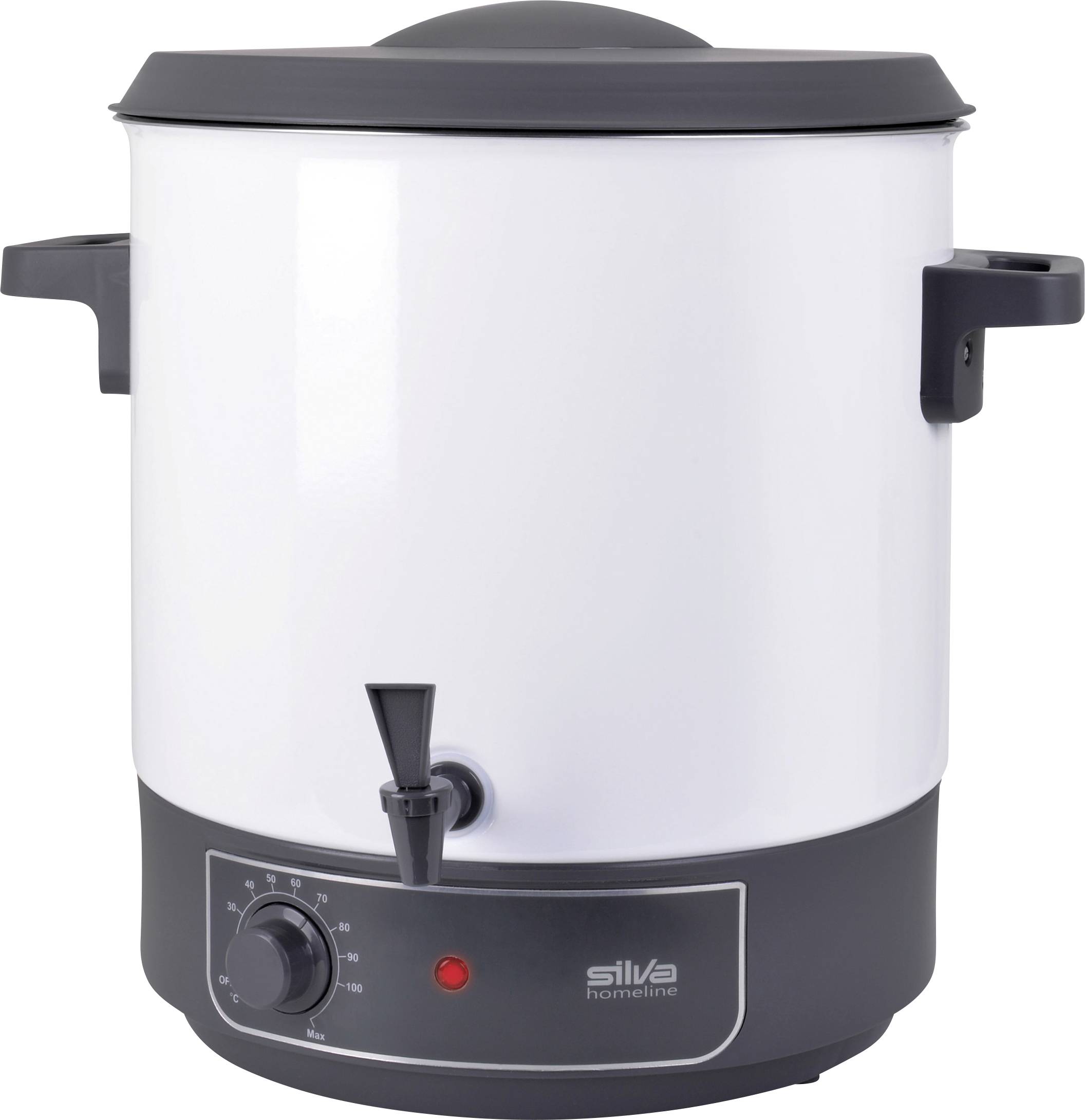 White electric hot water urn with a black lid and handles, featuring a front spout, temperature control dial, and red indicator light.