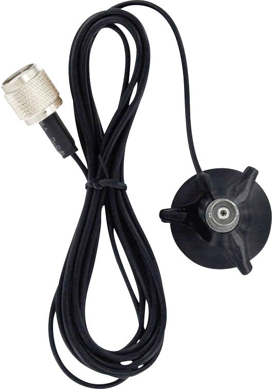 A magnetic antenna base with a coaxial cable attached, designed for easy installation and connection to radio devices for enhanced signal reception.