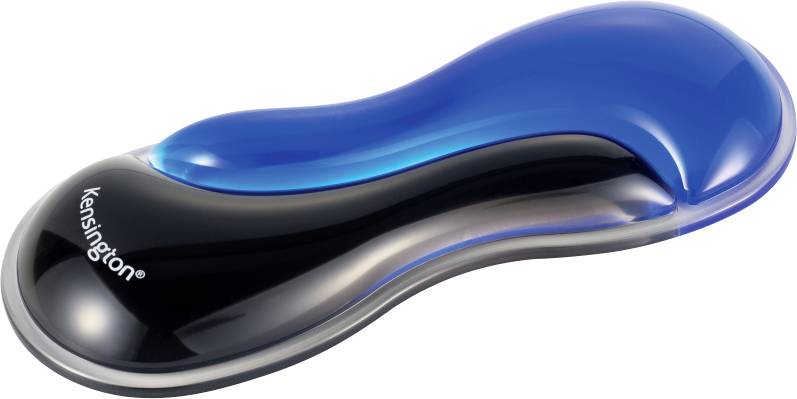 Ergonomic gel wrist rest with a blue and black design, shaped to provide comfort and support while using a computer mouse.