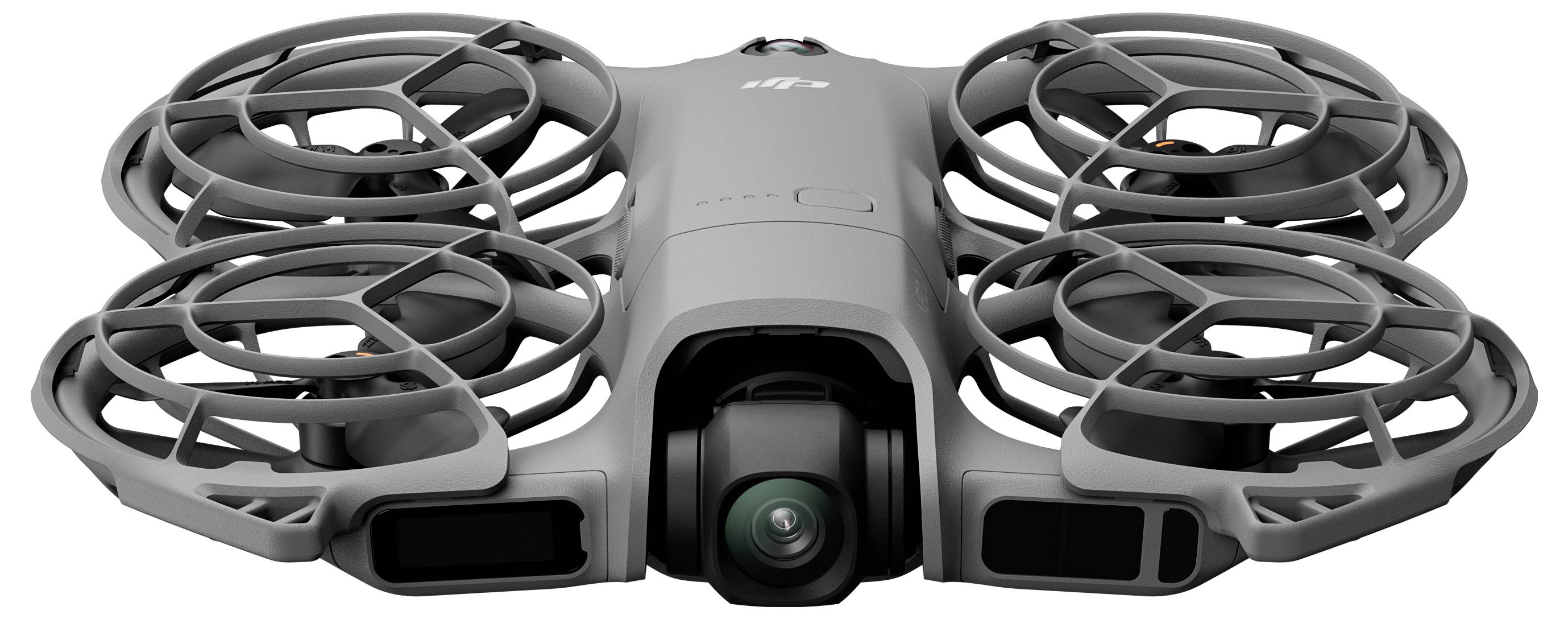 A compact gray drone with four enclosed rotors and a central camera facing forward.