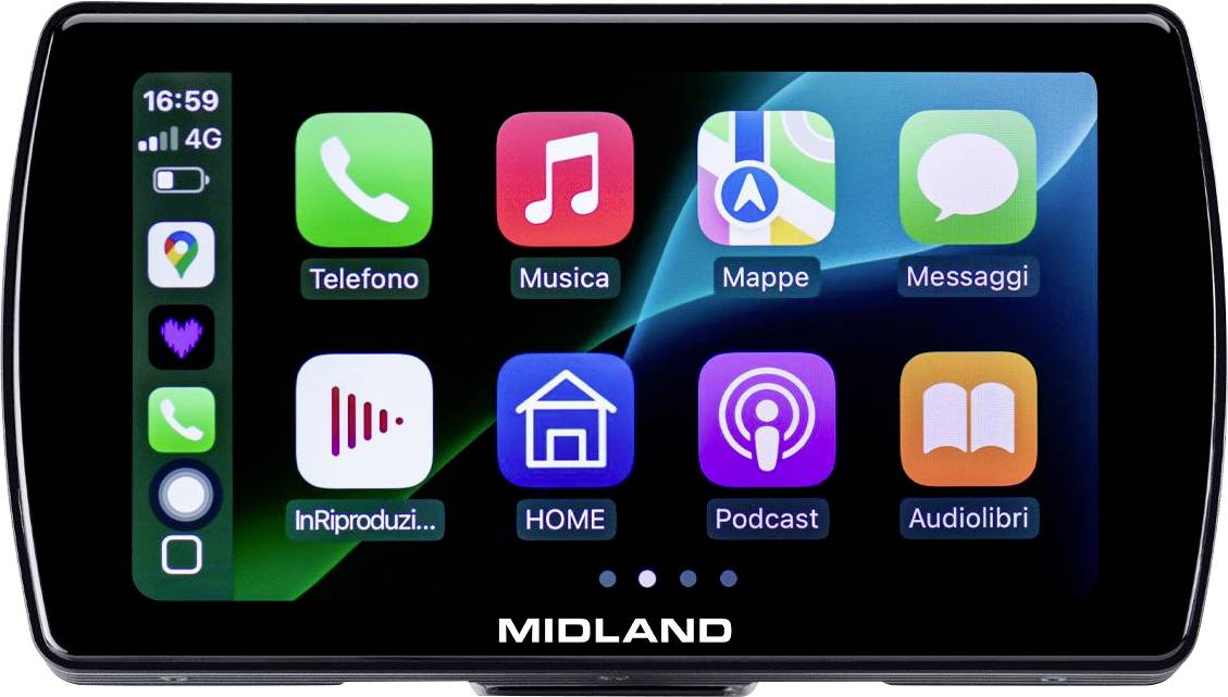 A touchscreen device displaying an app grid with icons for 'Telefono', 'Musica', 'Mappe', 'Messaggi', 'Podcast', and more.
