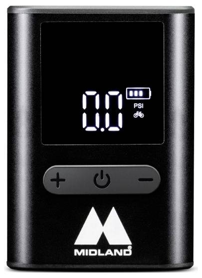 'Digital tire pressure gauge displaying 0.0 PSI with a bicycle icon and plus/minus buttons below. Brand logo 'MIDLAND' at bottom.'