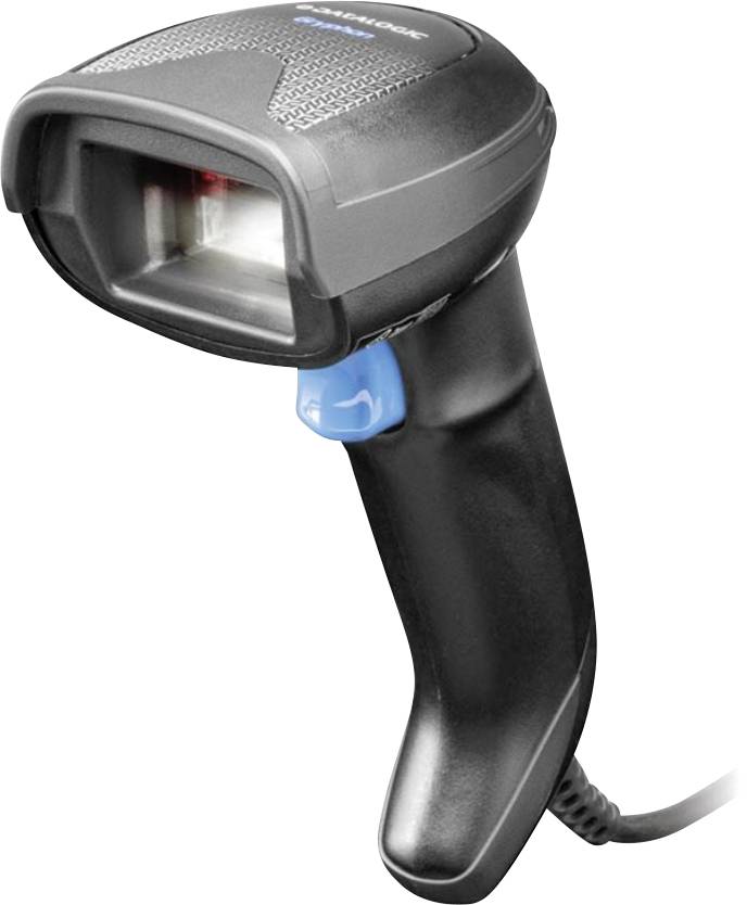 A handheld barcode scanner with a black body and a blue button, used for scanning and reading barcodes.