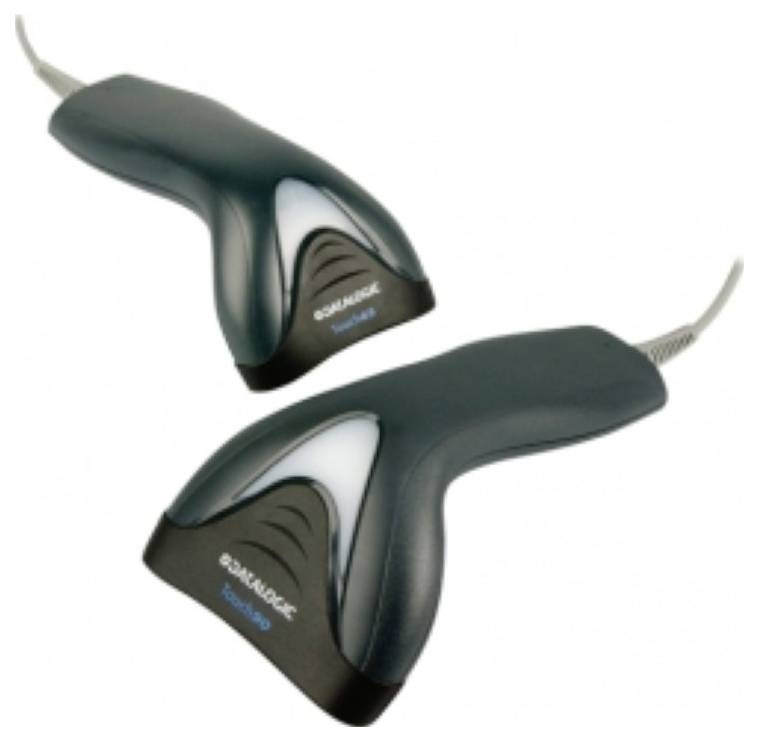 Two dark gray barcode scanners with cords, featuring ergonomic grips. Both are tilted slightly, showing the brand name 'Datalogic'.