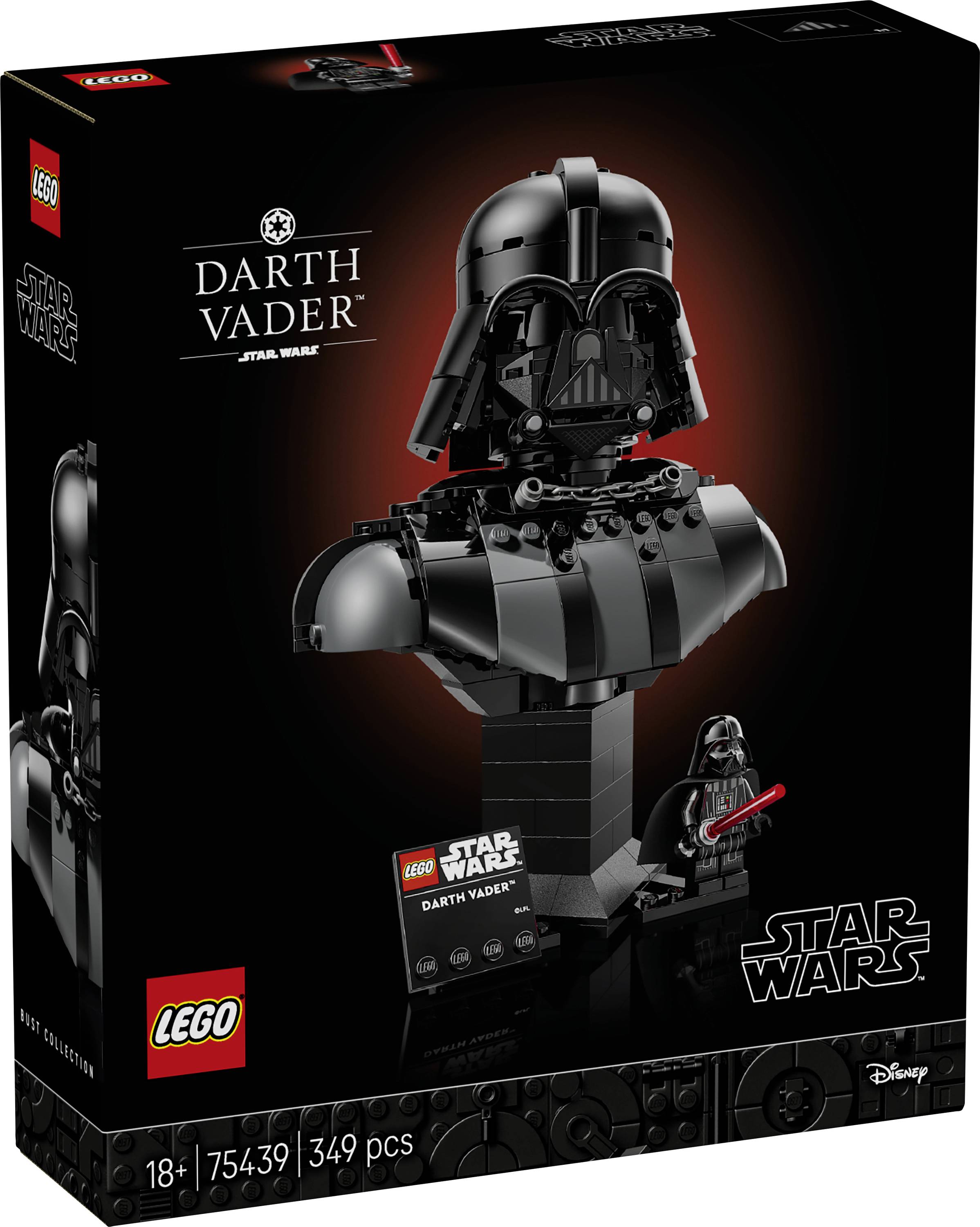LEGO Star Wars Darth Vader Bust set, featuring 349 pieces with a detailed helmet design, intended for ages 18 and up.
