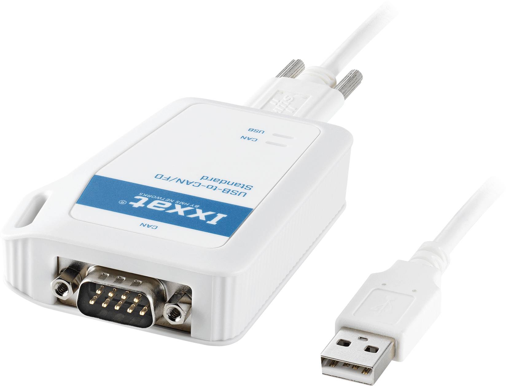 A USB-to-CAN adapter with a USB plug connected to a CAN interface, used for linking USB devices to a Controller Area Network.
