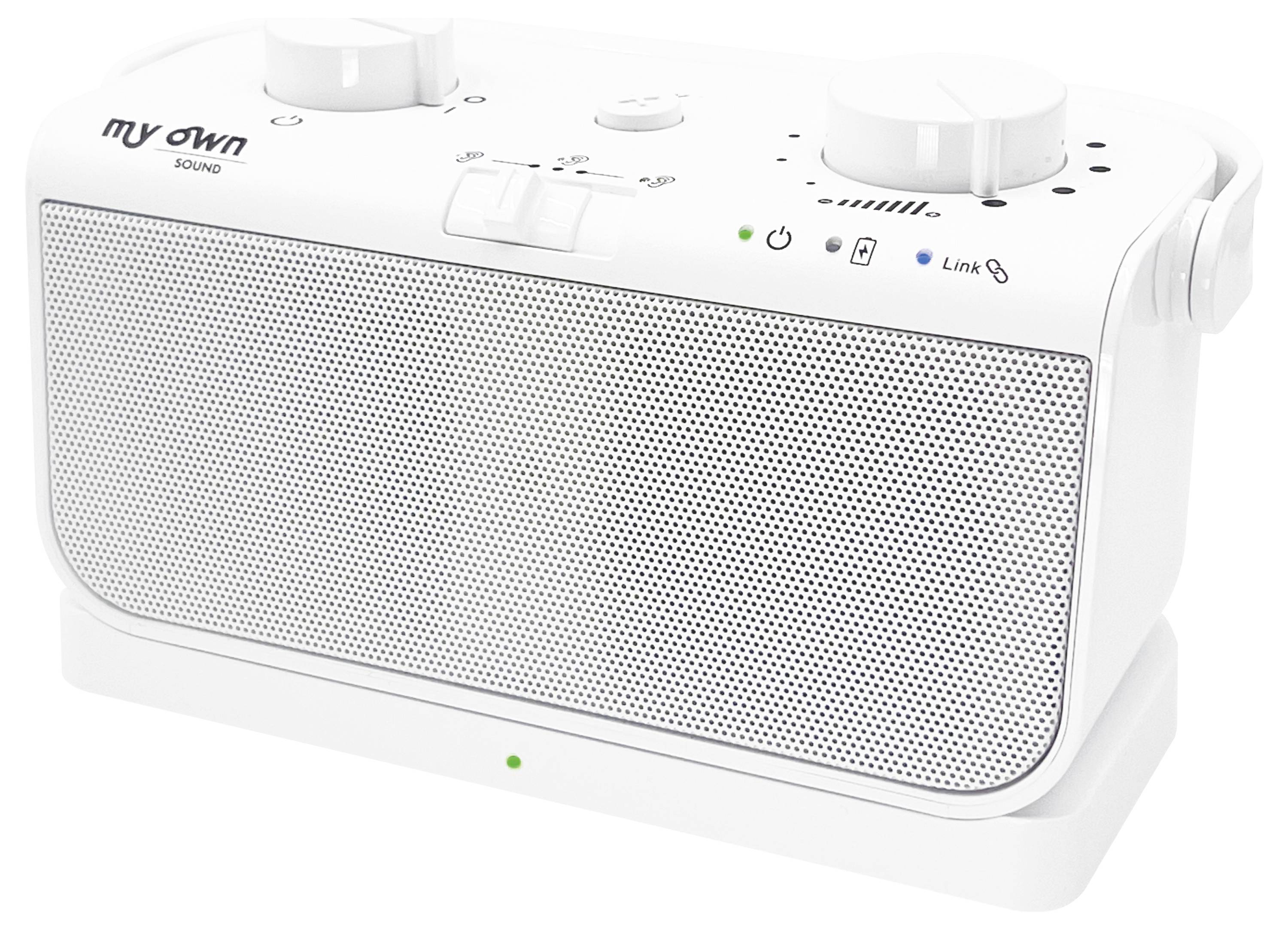 Portable white speaker with volume knobs and connectivity options, including Bluetooth and auxiliary input, labeled 'my own SOUND'.