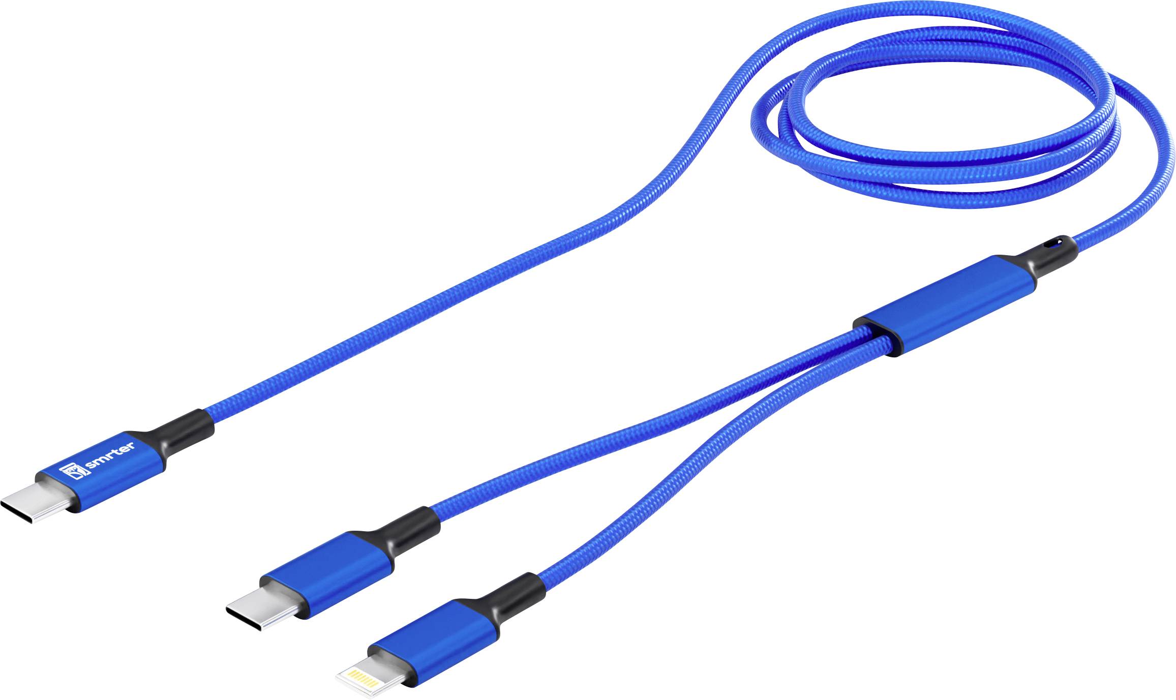 A blue multi-charging cable with USB-C, micro-USB, and Lightning connectors, designed for versatile device compatibility.