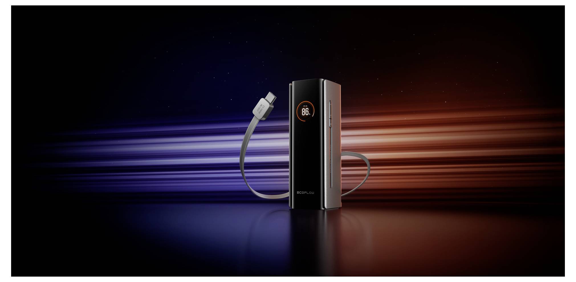 A sleek electric vehicle charger with a digital display stands against a background of dynamic blue and red streaks, symbolizing energy.