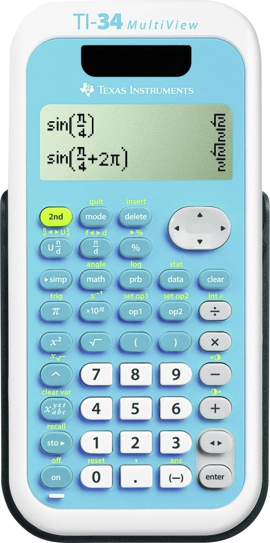 A blue TI-34 MultiView calculator displays 'sin(1/4)' and 'sin(π/4+2π)' on its screen, with various buttons for mathematical operations.