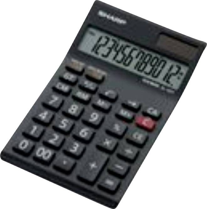 A black pocket calculator with a digital display shows numbers '123456789012'. The calculator has raised buttons with numbers and basic arithmetic functions.