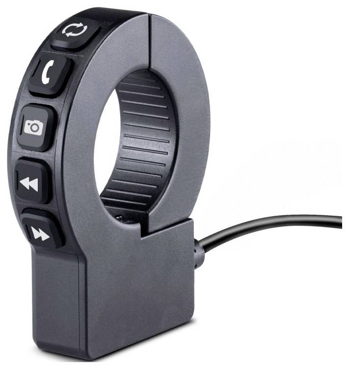 A round, black bluetooth remote control with four buttons for call, camera, and media functions. A cable extends from the side.