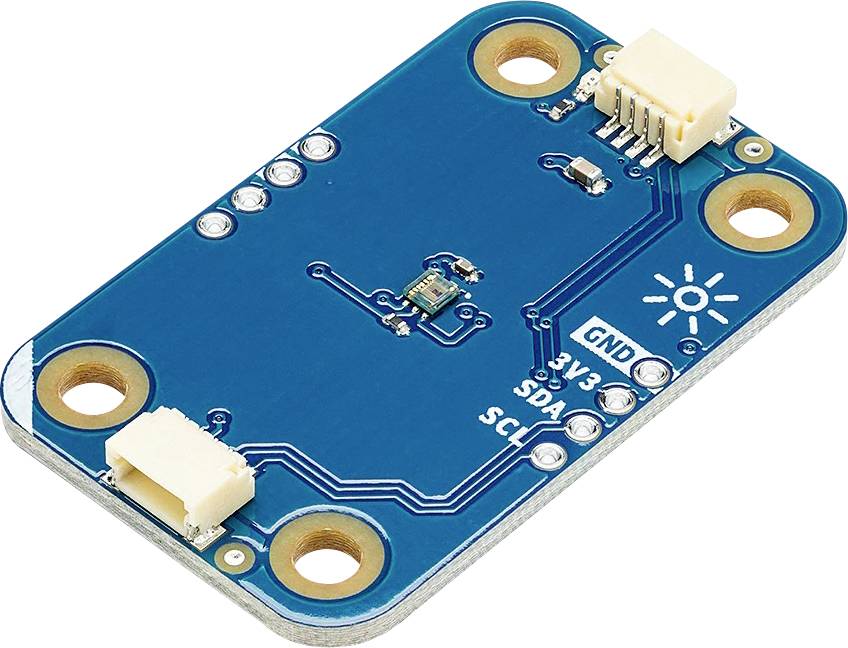 A small blue electronic circuit board with labeled pins: 'GND', '3V3', 'SDA', and 'SCL'. Connectors are on two sides.