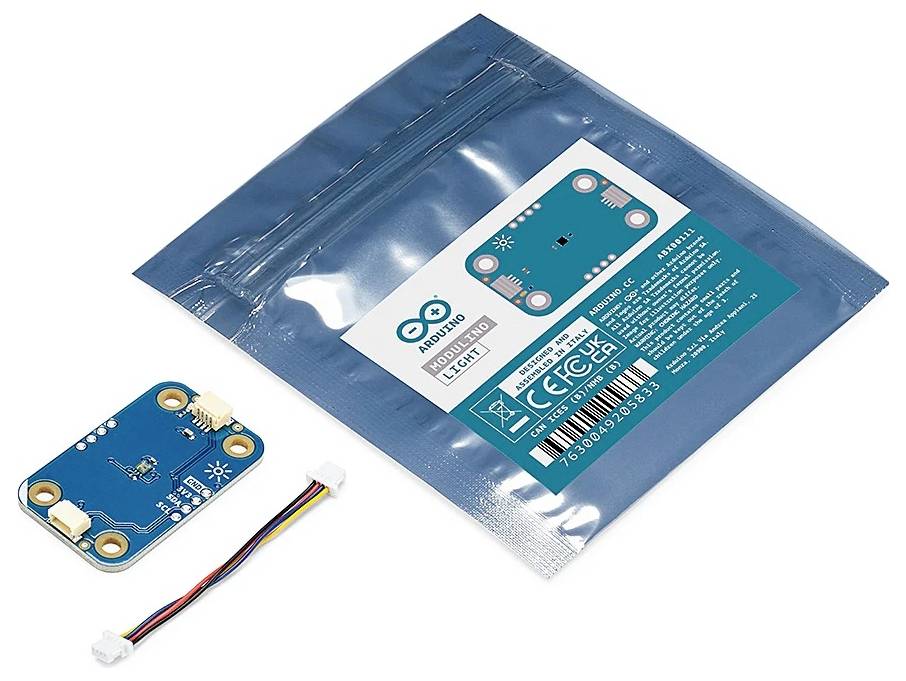 'Arduino Light Sensor TCS34725' shown with components including a sensor board, connection cables, and labeled packaging.