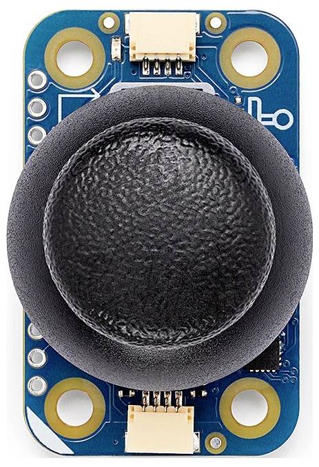 A blue electronic module with a large black dome-shaped joystick centered on it, featuring connectors and circuit patterns around it.