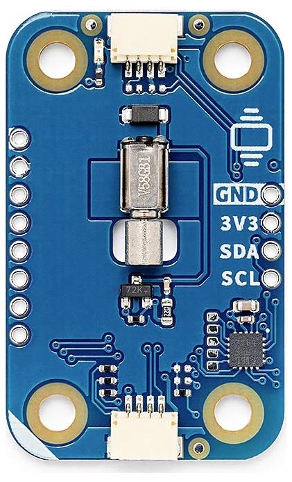 A blue electronic sensor module with labeled connections: GND, 3V3, SDA, SCL, and a central chip and components for circuit integration.