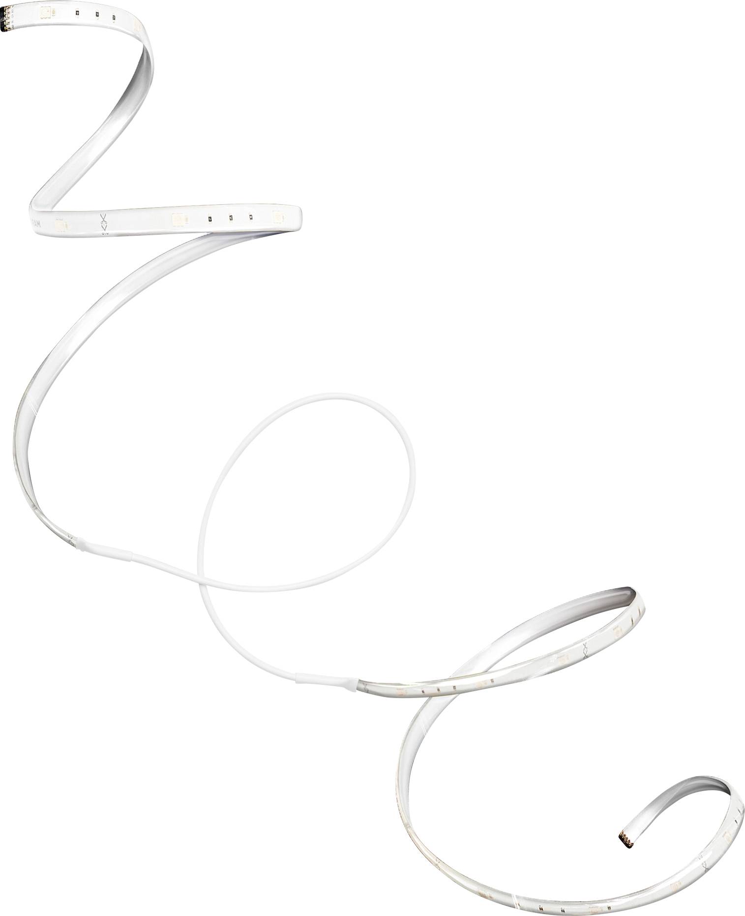 A spiral-shaped LED light strip, coiled loosely, with small bulb units distributed along its length. The strip is white and unlit.