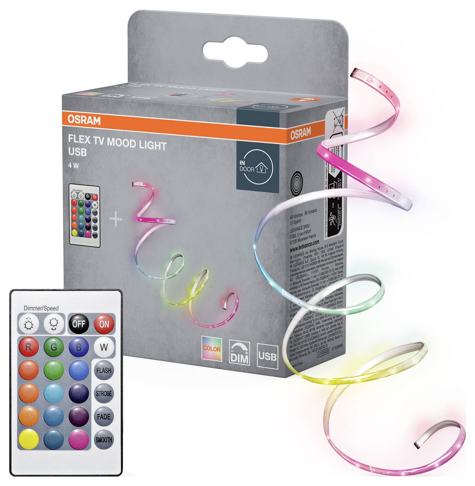 'Osram Flex TV Mood Light USB' packaging with a flexible, multicolored LED strip and a remote control with various color and brightness settings.