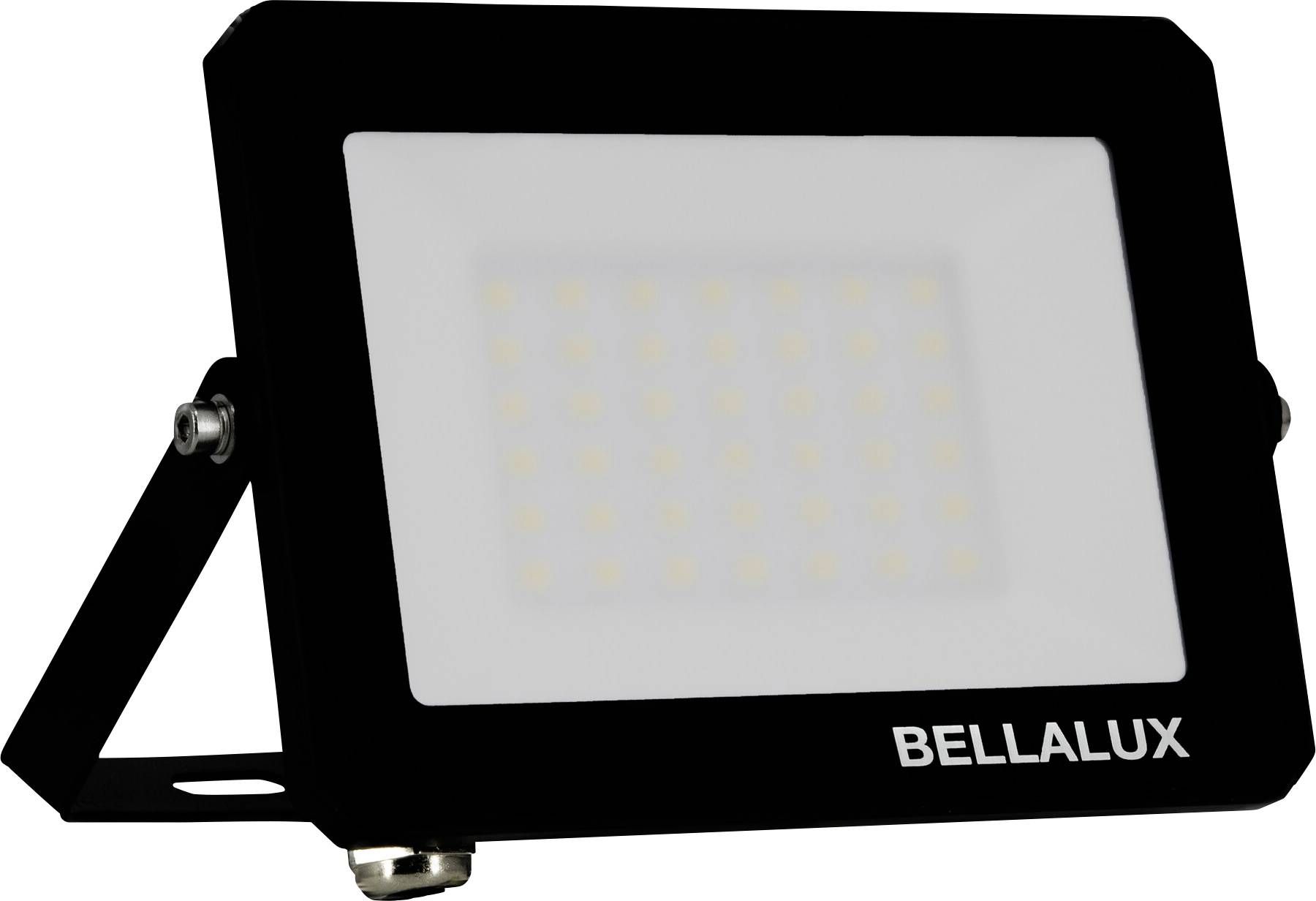 A black rectangular LED floodlight with a frosted lens and a mounting bracket, labeled 'BELLALUX'.