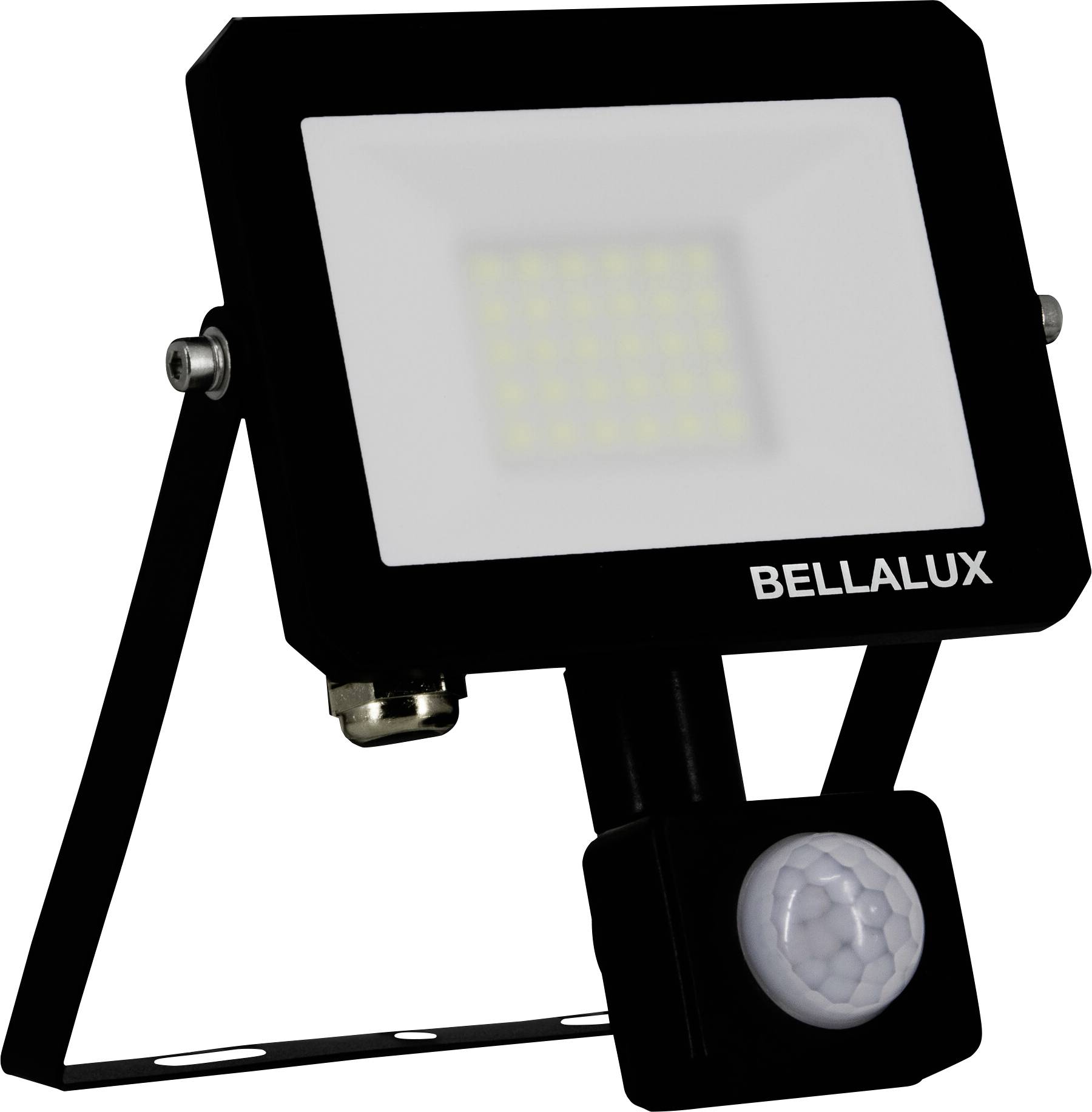 A black LED floodlight with a motion sensor labeled 'BELLALUX', mounted on an adjustable bracket.