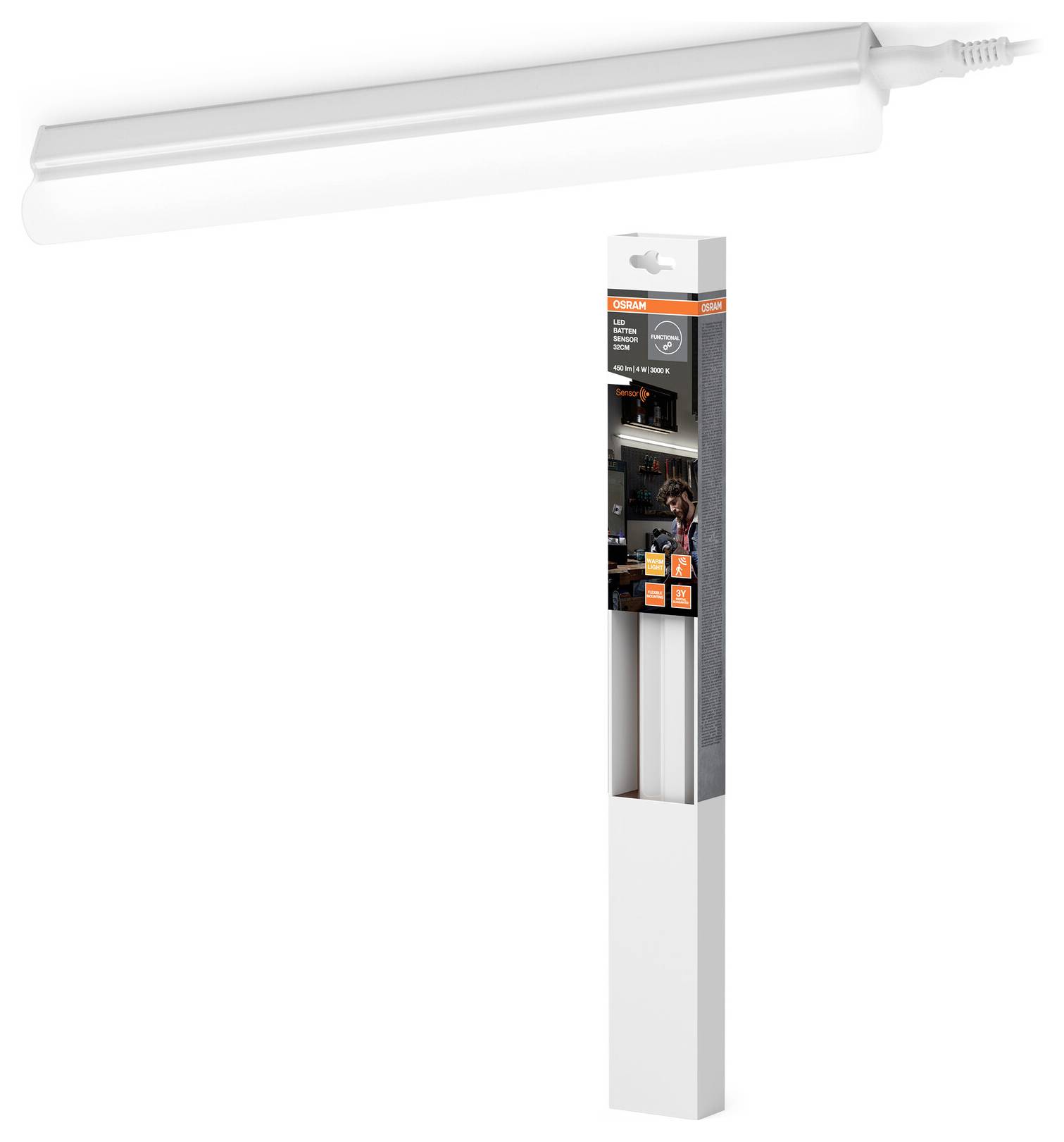 LED light bar with plug-in feature displayed alongside its packaging. Packaging shows the bar's use in various settings like a workspace.