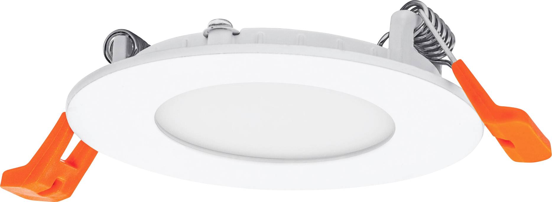 Round recessed LED light fixture with orange clips, designed for ceiling installation, featuring a flat, white surface for illumination.