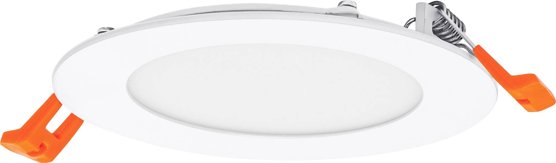 A round, white recessed LED ceiling light with orange clips on the sides, designed for easy installation in a ceiling fixture.