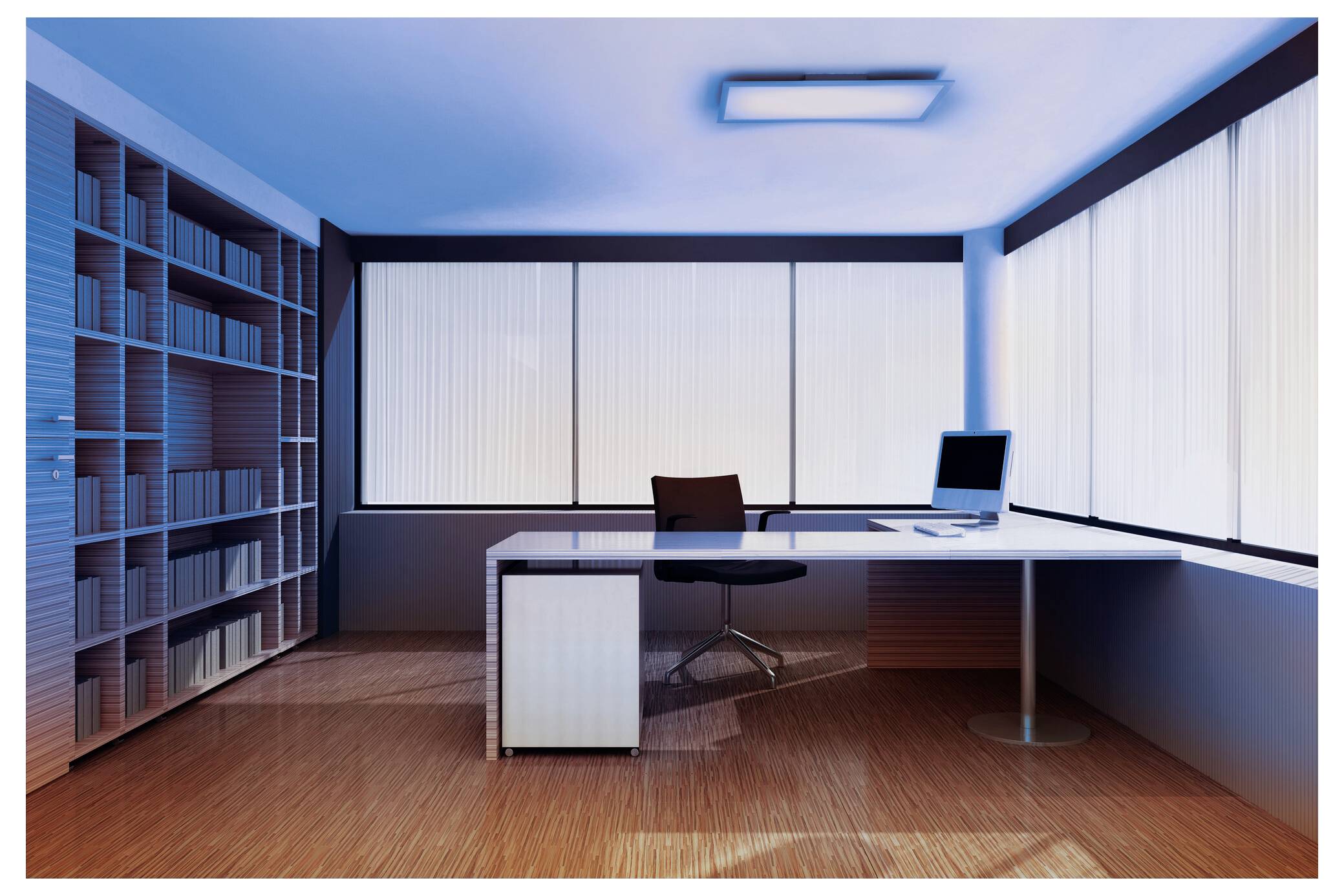 Modern office with a minimalist desk, computer, chair, and bookshelf against large windows; well-lit and spacious layout.